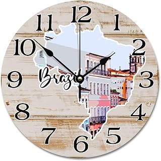 Brazil Landmark City Landscape Wall Clock Brazil Map Large Wooden Wall Clocks Battery Operated 10 Inch Wall Hanging Art Modern Home Decor for Home Kitchen Office School Bathroom