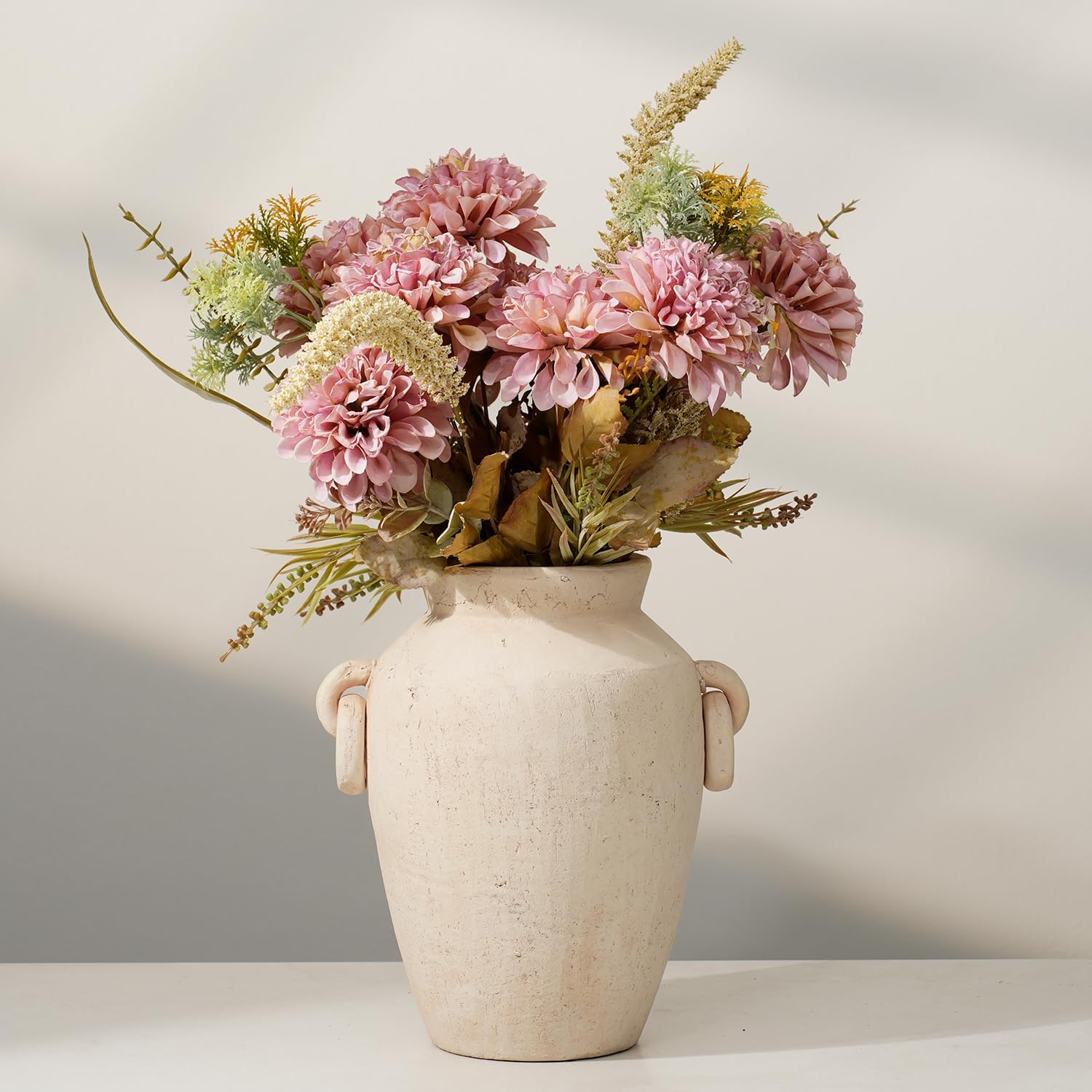 9.45 Inch Tall Vintage Ceramic Flower Vase with Handles, Rustic Farmhouse Vase for Home Decor, Distressed Decorative Terracotta Vase for Table Centerpiece Entryway Living Room Bedroom (M)