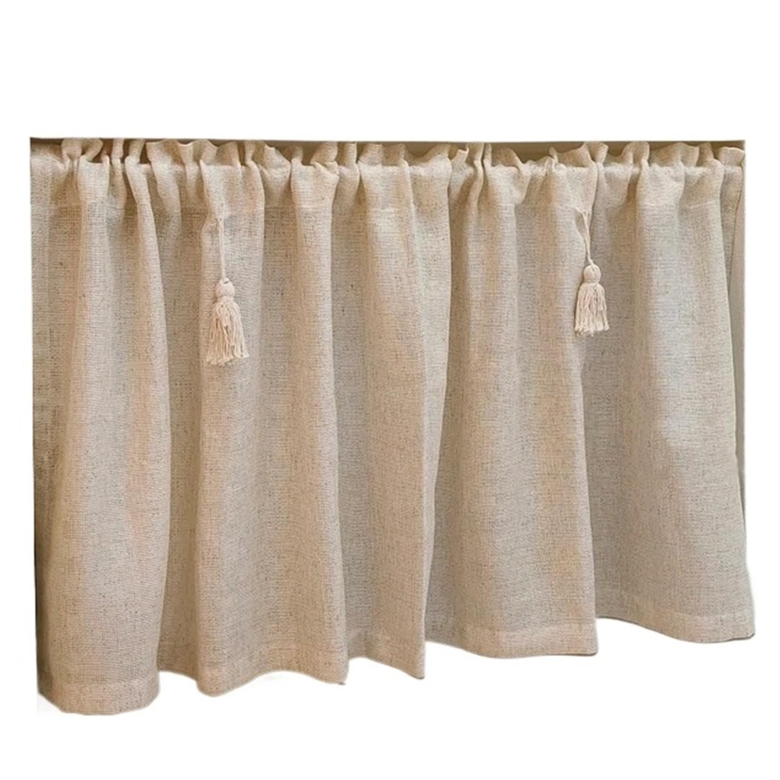 LuoAXINN Short Curtains Kitchen Curtains Cotton Linen Beige Short Curtain Broom Tassels Window Valance Cafe Tiers For Farmhouse Bedroom Door(W200xH30cm)
