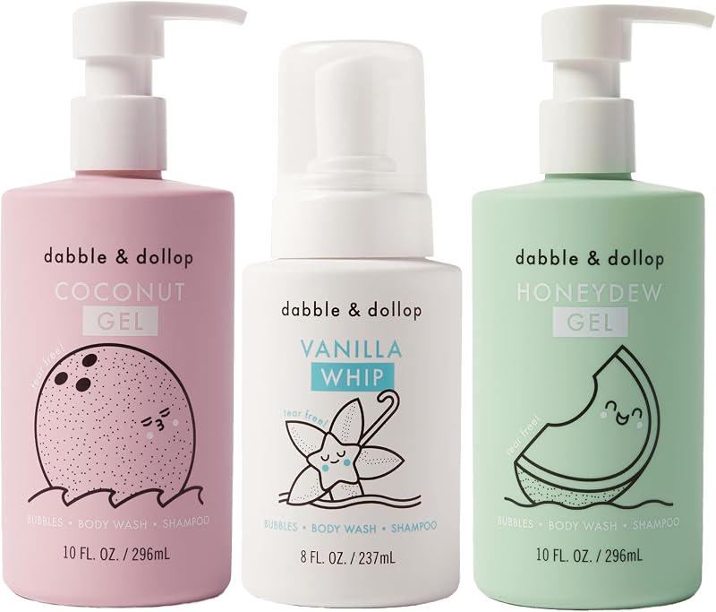 Dabble & Dollop Tropical Kids Conjunto com 3 Produtos 3 em 1 para Corpo, Cabelo e Banho de Espuma — Coco, Baunilha e Melão