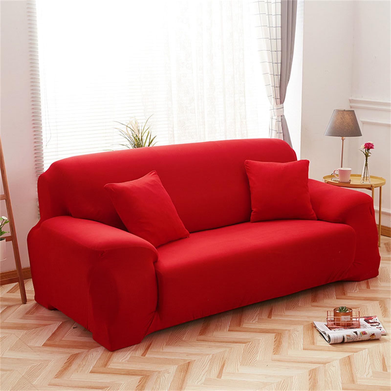 Hearda High Stretch Sofa Covers 1/2/3/4 Seater, Solid colours Soft Elastic Non Slip Sofa Slipcover Washable Universal Couch Sofa Cover for Kids Pets Living (Big red,4 Seats)