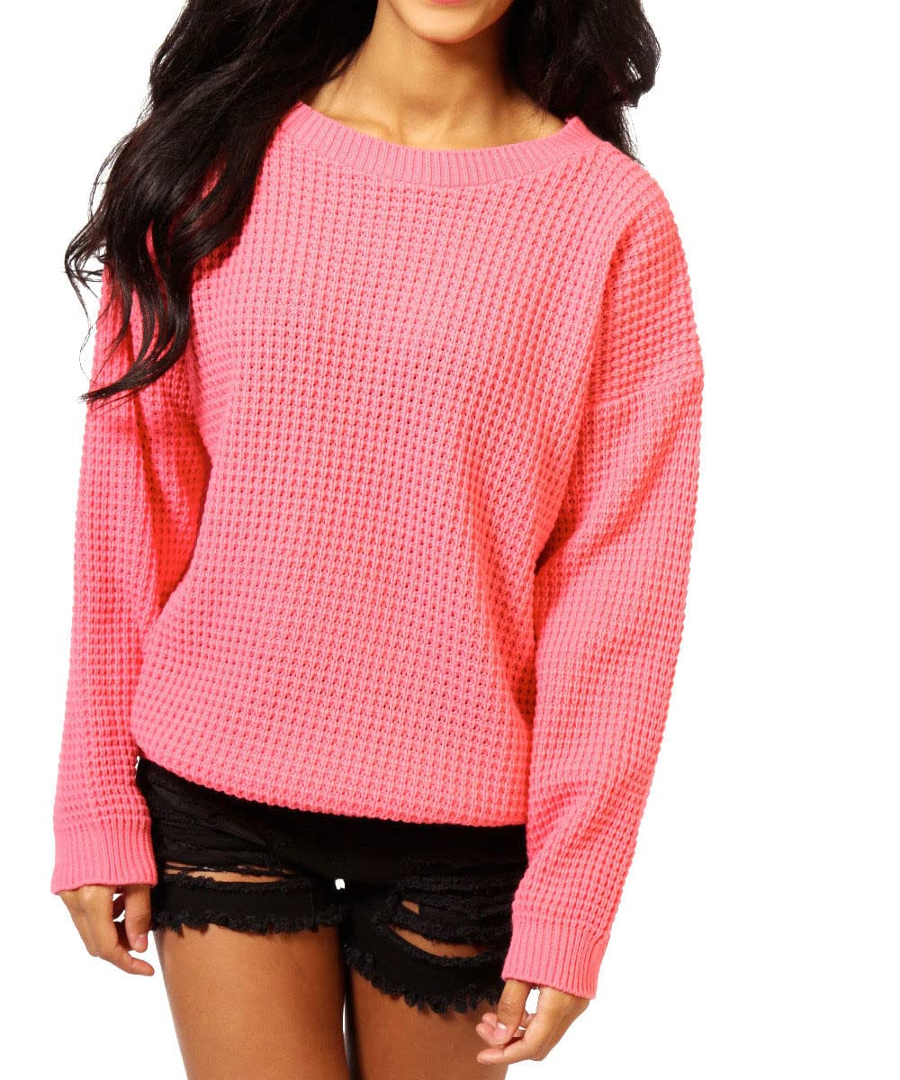 An Direct Women's Coral Oversized Fishnet Knitted Baggy Chunky Jumper Loose Sweater Top (, 20-22)