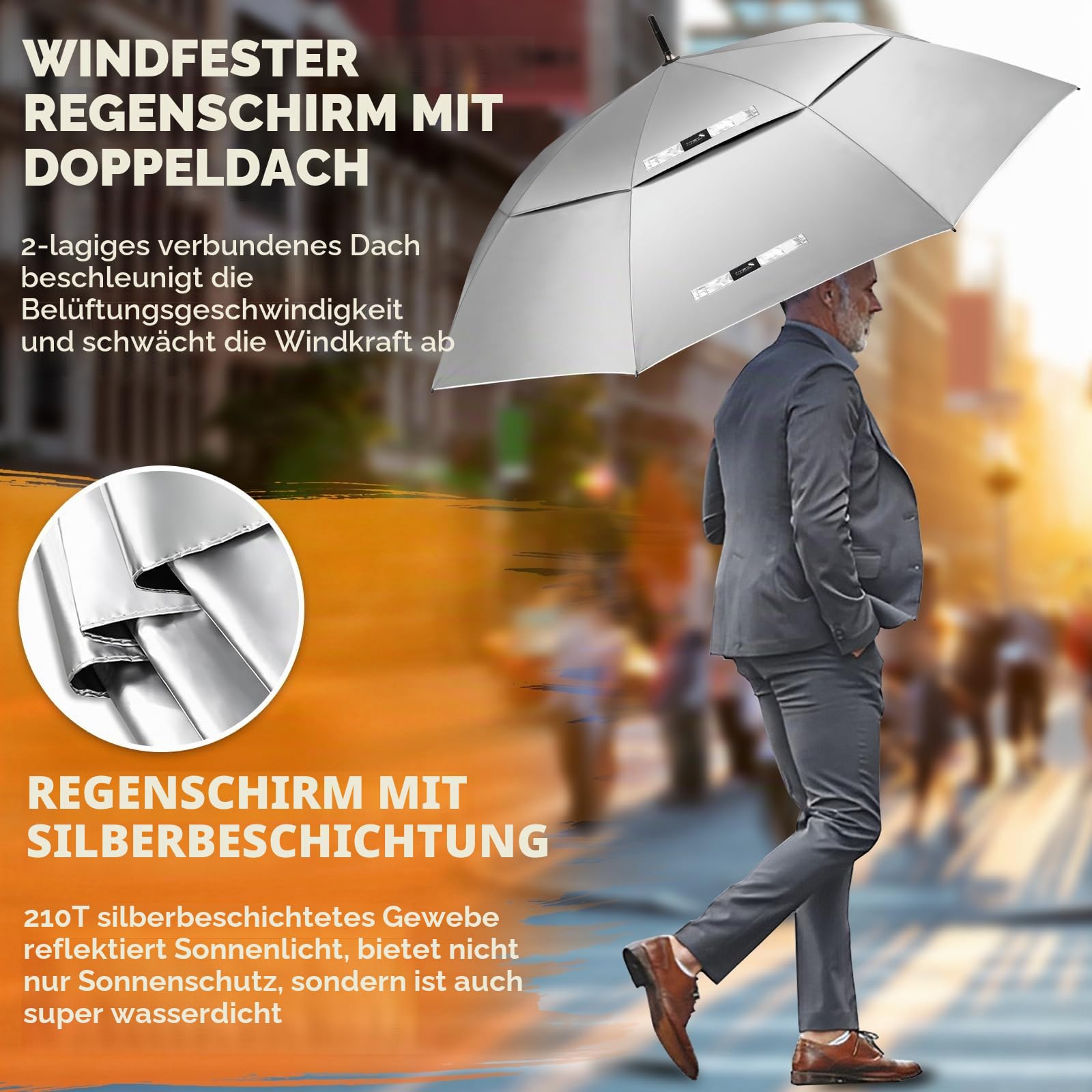 ZOMAKE Regenschirm Groß XXL 54 Inch,Regenschirme Automatik öffnen Mit UPF 50+UV Schutz,Großer Stockschirm Sturmfest Stabil,Golfschirm Mit J-Griff Für Herren Damen(Silber Schwarz)