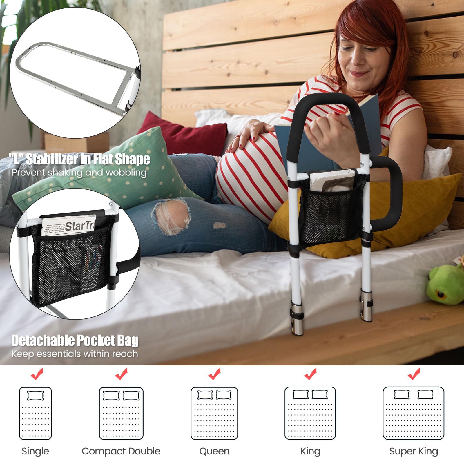HOMASIS Barrera de cama para personas mayores, con correa de seguridad y bolsa de almacenamiento, barrera de metal para personas discapacitadas, niños, capacidad de carga 136 kg, apto para varias