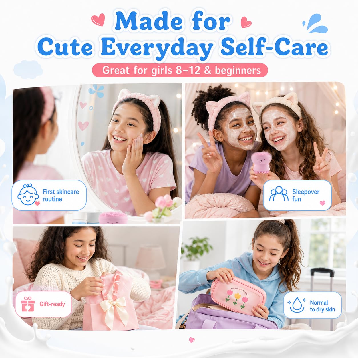 14PCS Milk Skincare Set for Kids - Skincare for Girls 10-12, Kids Face Care Kit with Face Wash, Milk Toner, Lip Mask, Cream & Mask, Cute Skincare Set, Birthday Gifts for Girls 8-12