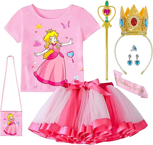 YODISON Princess Peach Costume Set for Girls, Super Bros Dress Outfit Cosplay Halloween Party
