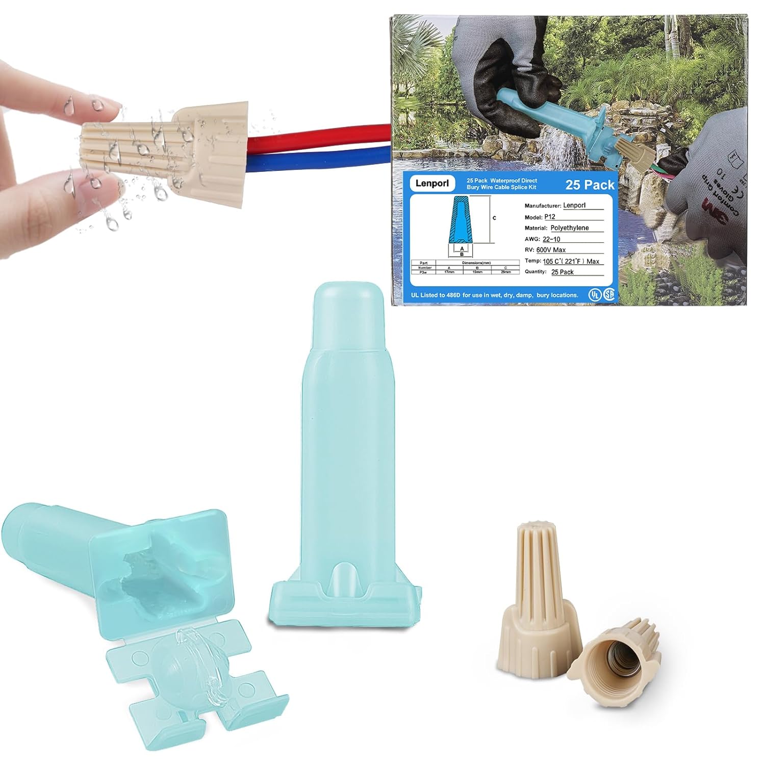 25 Pack Waterproof Direct Bury Wire Cable Splice Kit 22AWG-10AWG,Outdoor Seal Electrical Nuts Caps Cable Terminal Connector for Landscape Light, Irrigation Valves, Wet Location Installation