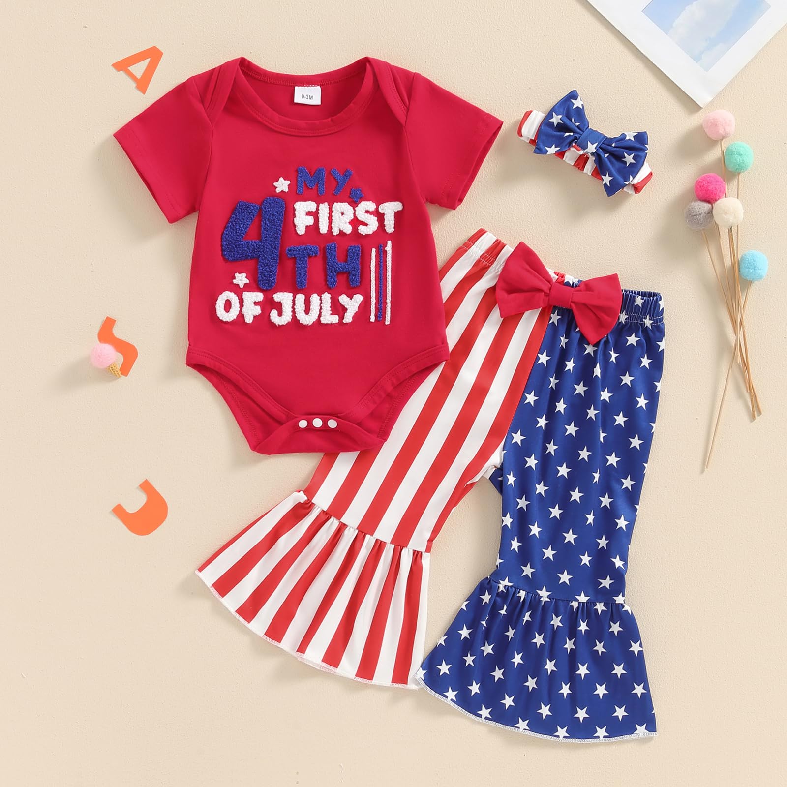 Rtnnsbbfcm 4th Of July Baby Girl Outfit Letter Embroidery Romper American Flag Flare Pants Fourth Of July Clothes (My First 4th Of July,6-12 Months)