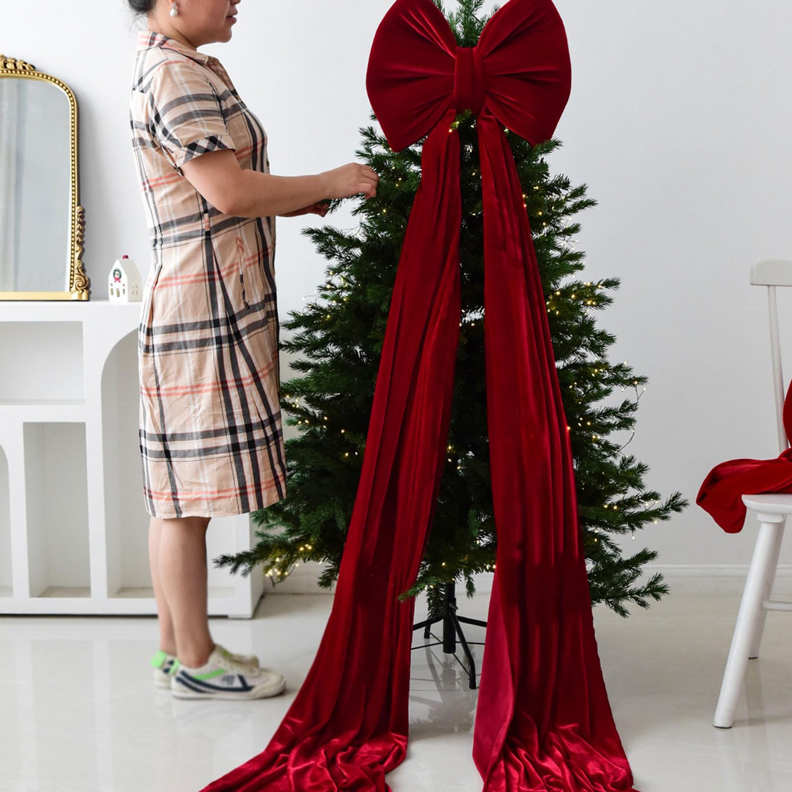Fiocco Di Natale in Velluto, Fiocco Gigante per Albero Di Natale 80 * 40 Cm, Decorazioni Natalizie per Ghirlande Su Porte, Davanzali, Caminetti, Scale, Matrimoni- Rosso