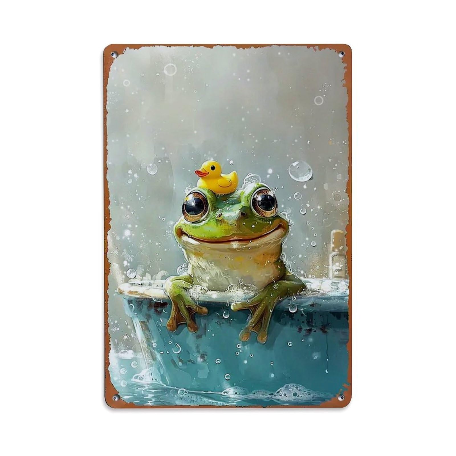 Frog Bathing With Duck Toy Retro Metal Tin Sign, Vintage Decor Art Poster for Bar, Home, Man Cave, Kitchen, Laundry Room Gift 8x12Inch