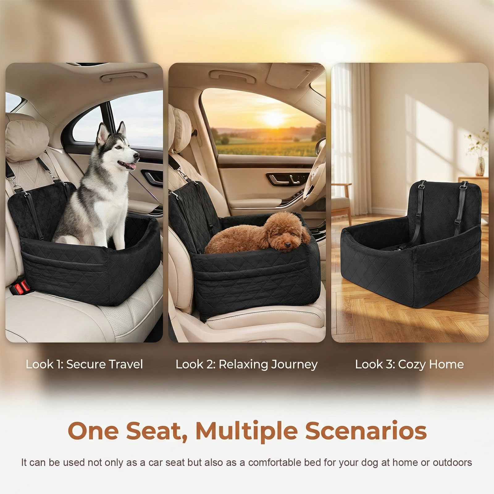 Asiento de coche para perros pequeños y medianos de menos de 15 kg, asiento para perros extraíble y lavable, con 2 cinturones de seguridad, asiento elevador para perros (negro)