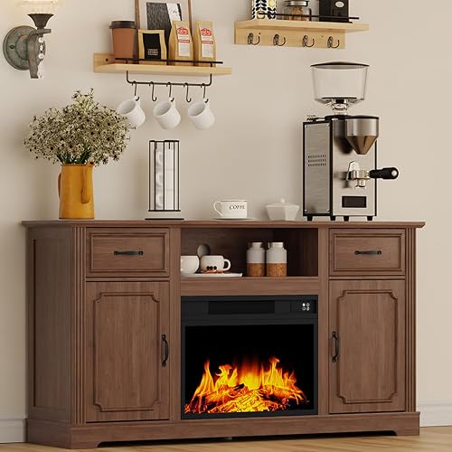 ARTPOWER 65'' Fireplace TV Stand, Mid Century Modern Television Cabinet, Wood Entertainment Center with Storage and Adjustable Shelves, Media Console Table for Living Room, Brown