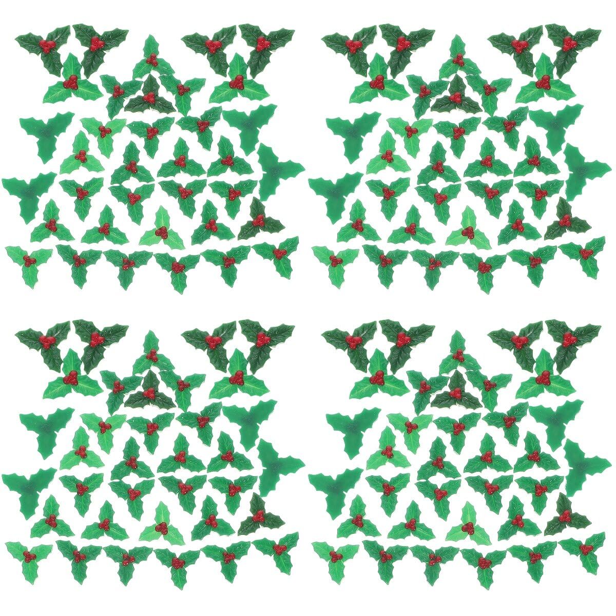 Abaodam 120PCS Christmas Holly Berries with Green Leaves Christmas Patches Christmas Artificial Holly Berries Christmas Micro Landscape Leaves Decor for Christmas Wreath Garland