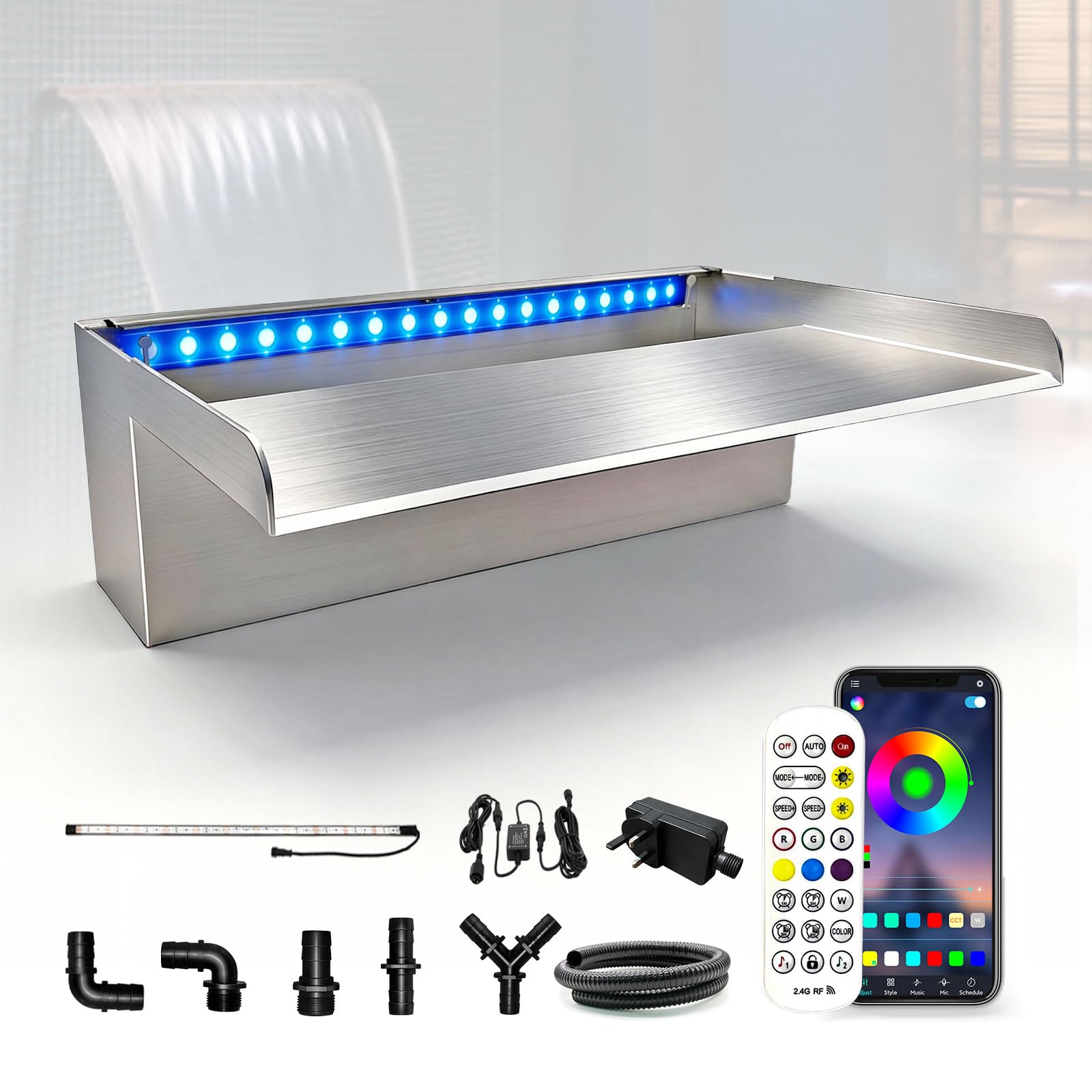 LONGRUN 30cm Pond Waterfall Blade with Bluetooth RGB LED Light, Stainless Steel Complete Waterfall & Stream Kits - Without Cover Plate