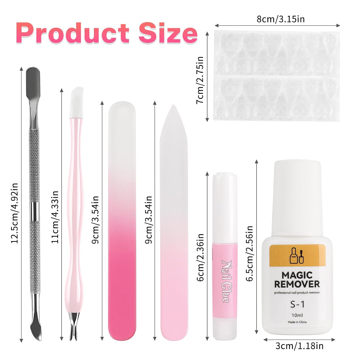TADOPRO 28Pcs Nail Glue and Remover Set: 20Pcs Strong Nail Glue and 2Pcs 10ML Nail Glue Remover for Press On Nails with Sticky Tabs, Cuticle Pushers Nail Files for Nail Art Supplies