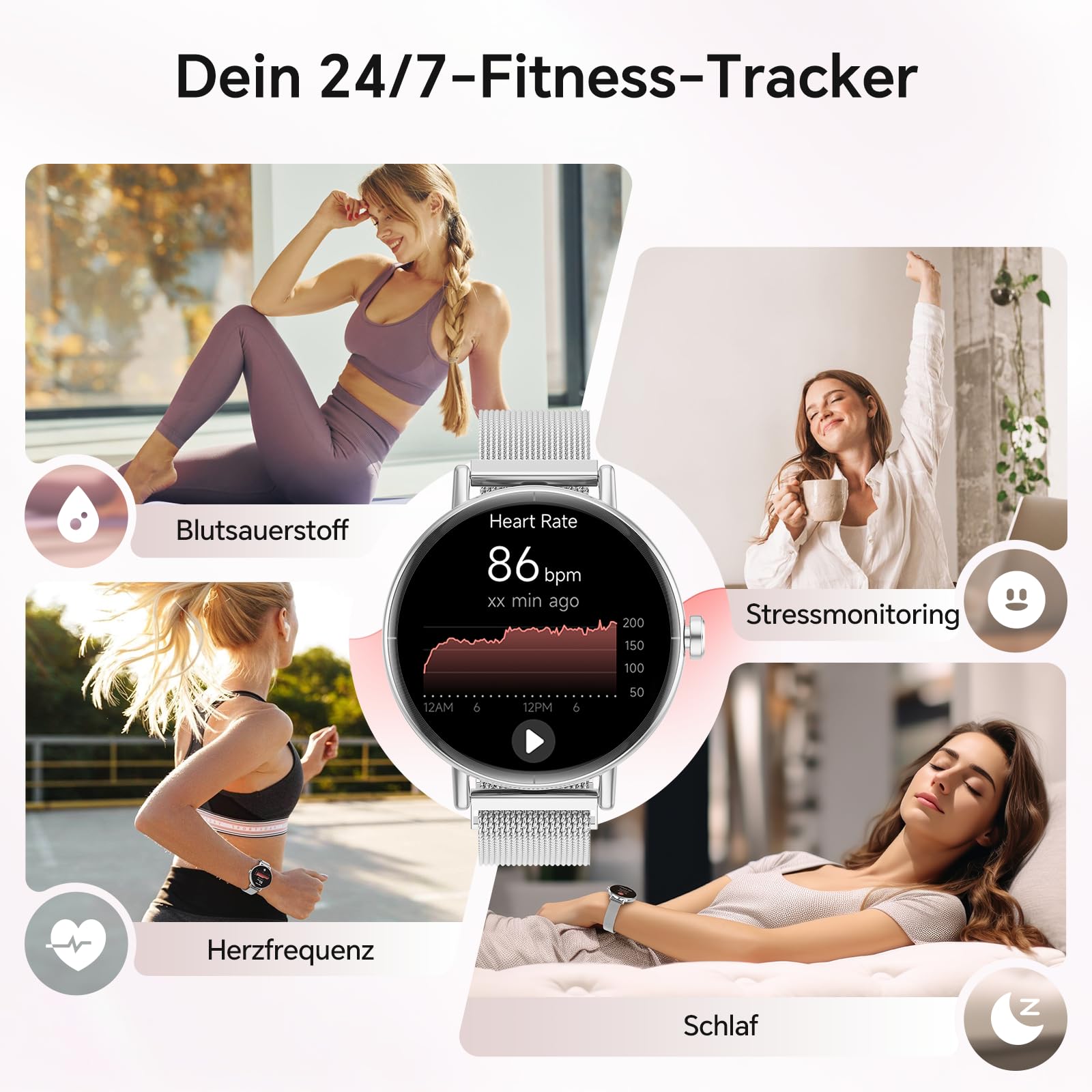 Smartwatch Damen Rund Metallarmband 1.27" Smart Watch mit Telefonfunktion Fitnessuhr SpO2 Herzfrequenz Stress Kalorien Schlaf Schrittzähler 100+ Sportmodi IP68 Wasserdicht für iOS Android