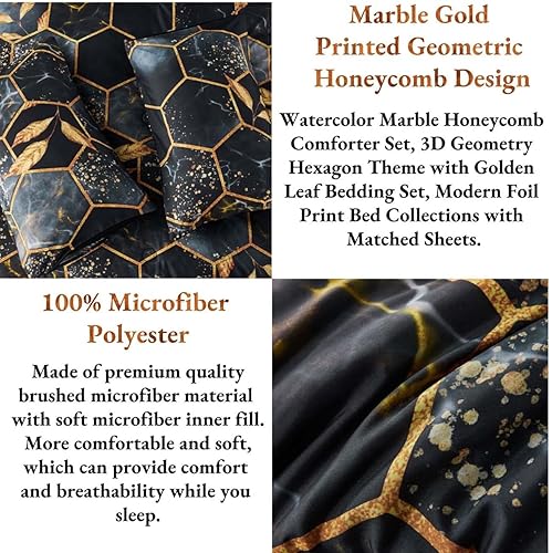Miniatura 9 de ANGIYUIN Juego de edredón de 7 piezas en color negro y dorado, tamaño matrimonial, juego de edredón geométrico hexagonal 3D, cama de mármol en una