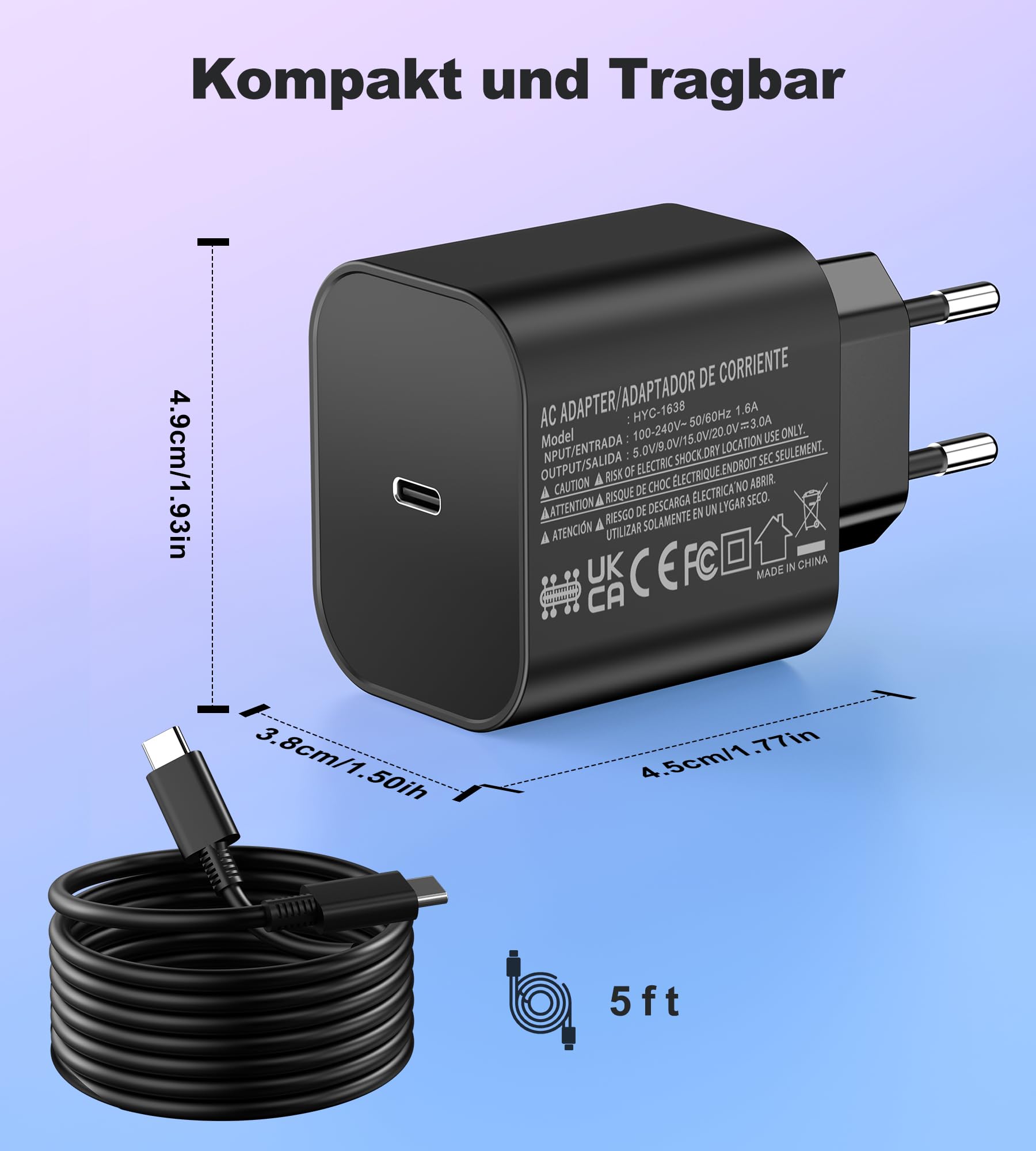 60 W Switch 2 Alimentatore di rete, USB-C Rapido Caricatore Sostituzione Switch 2 AC Adattatore con GaN Tech per Nintendo/OLED/Lite/Steam Deck/Rog Ally, Supporta la modalità TV 4K, per tablet/laptop