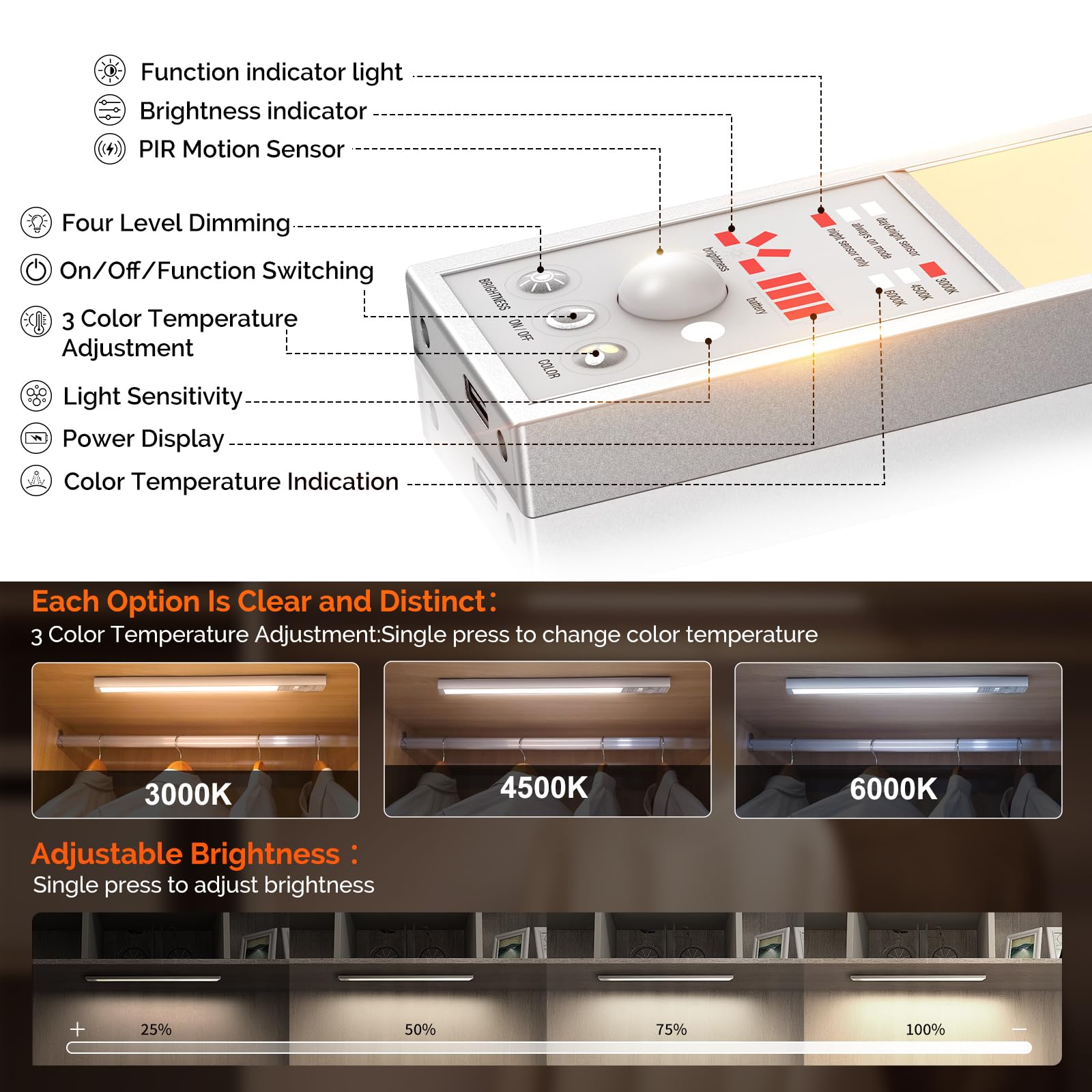 Unterschrank-Beleuchtung – 2500 mAh LED-Bewegungsmelder-Licht für den Innenbereich, 2 Stück, 30,5 cm, 3 Farbtemperaturen, 111 LEDs, kabellos, USB, wiederaufladbar, für Küchen-/Schrankleuchten
