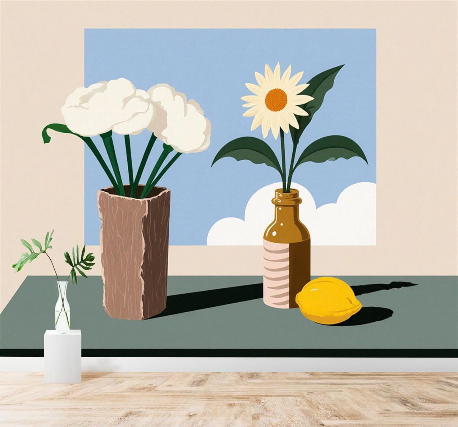 Tzxztt Minimalist Style Vase Flowers Lemons Blue Sky Modern 3D Wallpaper Premium Textured Silk Neutral Tones Material Ideal for Living Room Bedroom-400cm×280cm