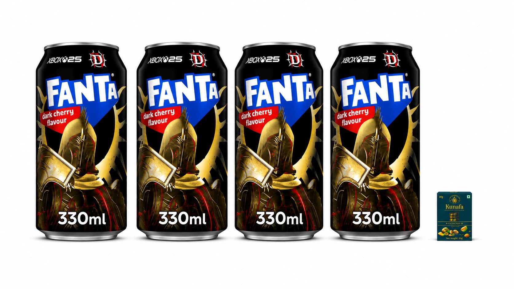 Fanta's Dark Cherry Flavour Carbonated Soft Drink Cans Xboxx 25 Limited Edition (Pack of 4) 330ml with Free Flavourito Kunafa Pistachio Chocolate Bar, 20g By Decadent Foods-image-2