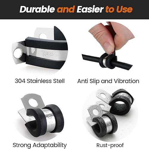 Miniatura 3 de 10 abrazaderas de cable de acero inoxidable 304 de 2 pulgadas con cojín recubierto de goma, abrazaderas de alambre aisladas para instalación de