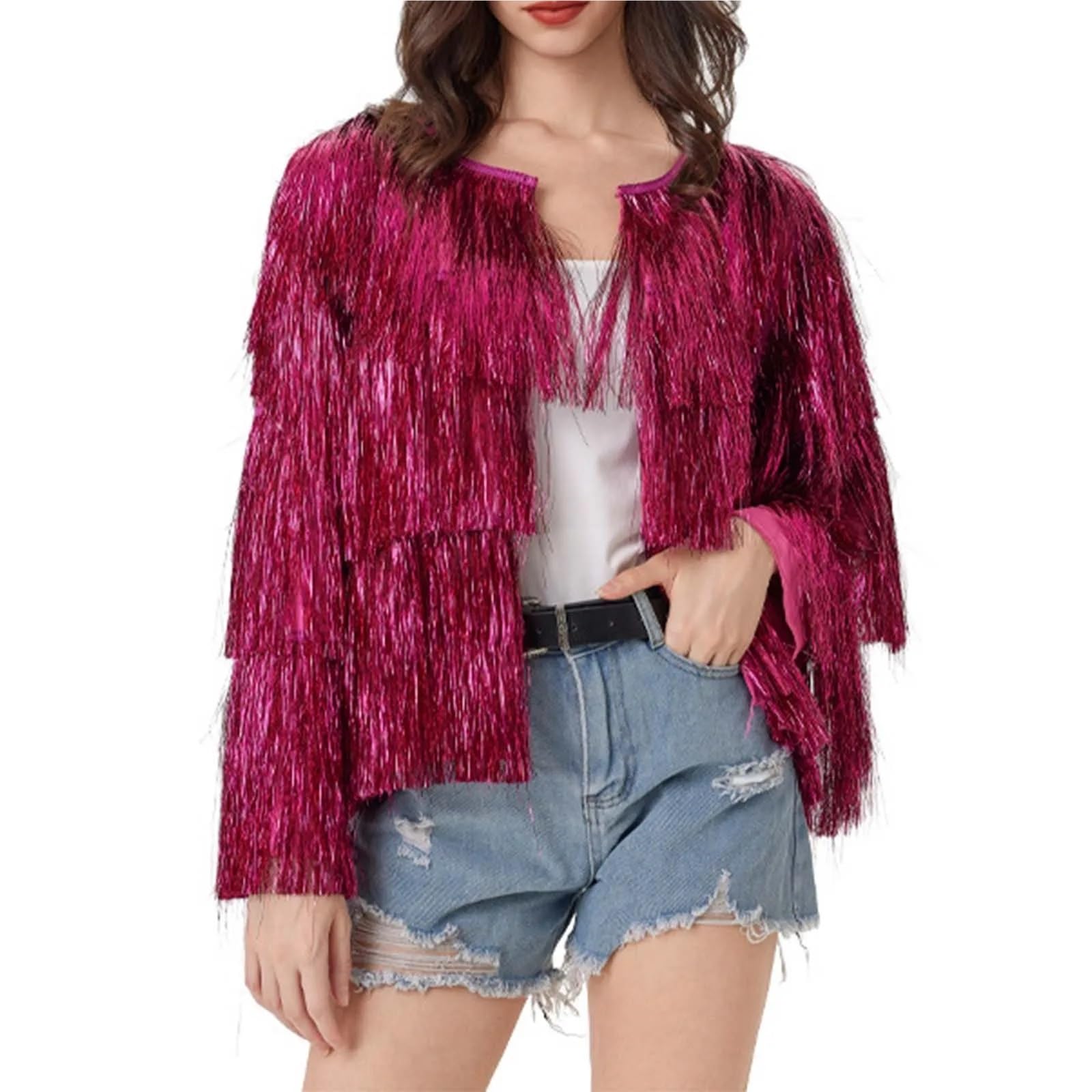 Top con Frange Giacca da Donna vestibilità Ampia con Paillettes e Frange, Cappotto da Donna Aperto sul Davanti, Abbigliamento da Club, Abbigliamento da Festa per Le Donne(Gold,L)