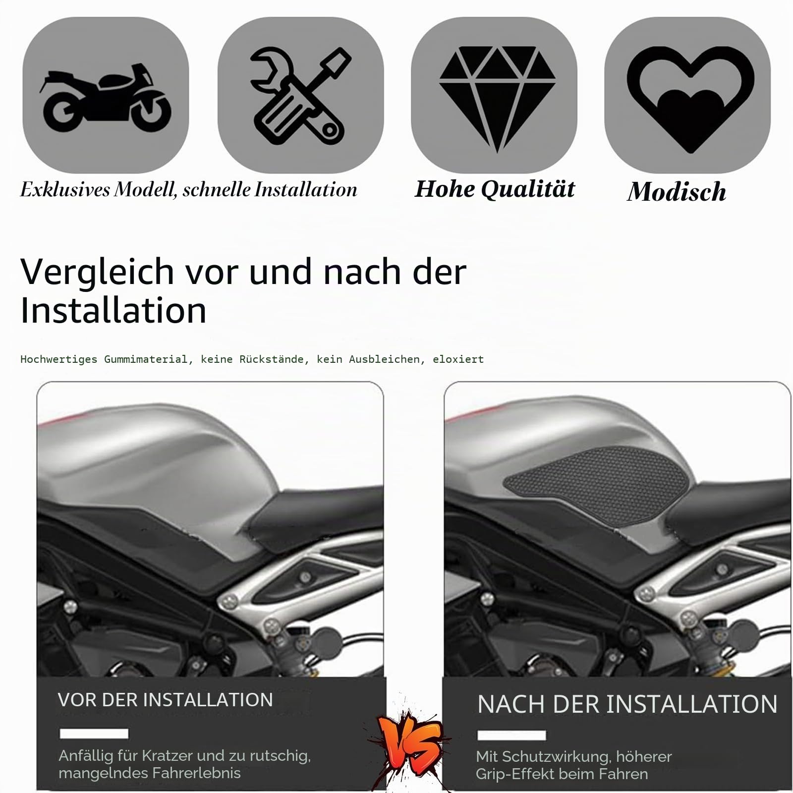 3-teiliges Motorrad-Anti-Rutsch-Seiten-Tankpad, Schutzaufkleber, selbstklebend, Gas-Kniegriff, Traktionspad, Tankpad, kompatibel mit Triumph Daytona 675/R, Street Triple 765 R/RS