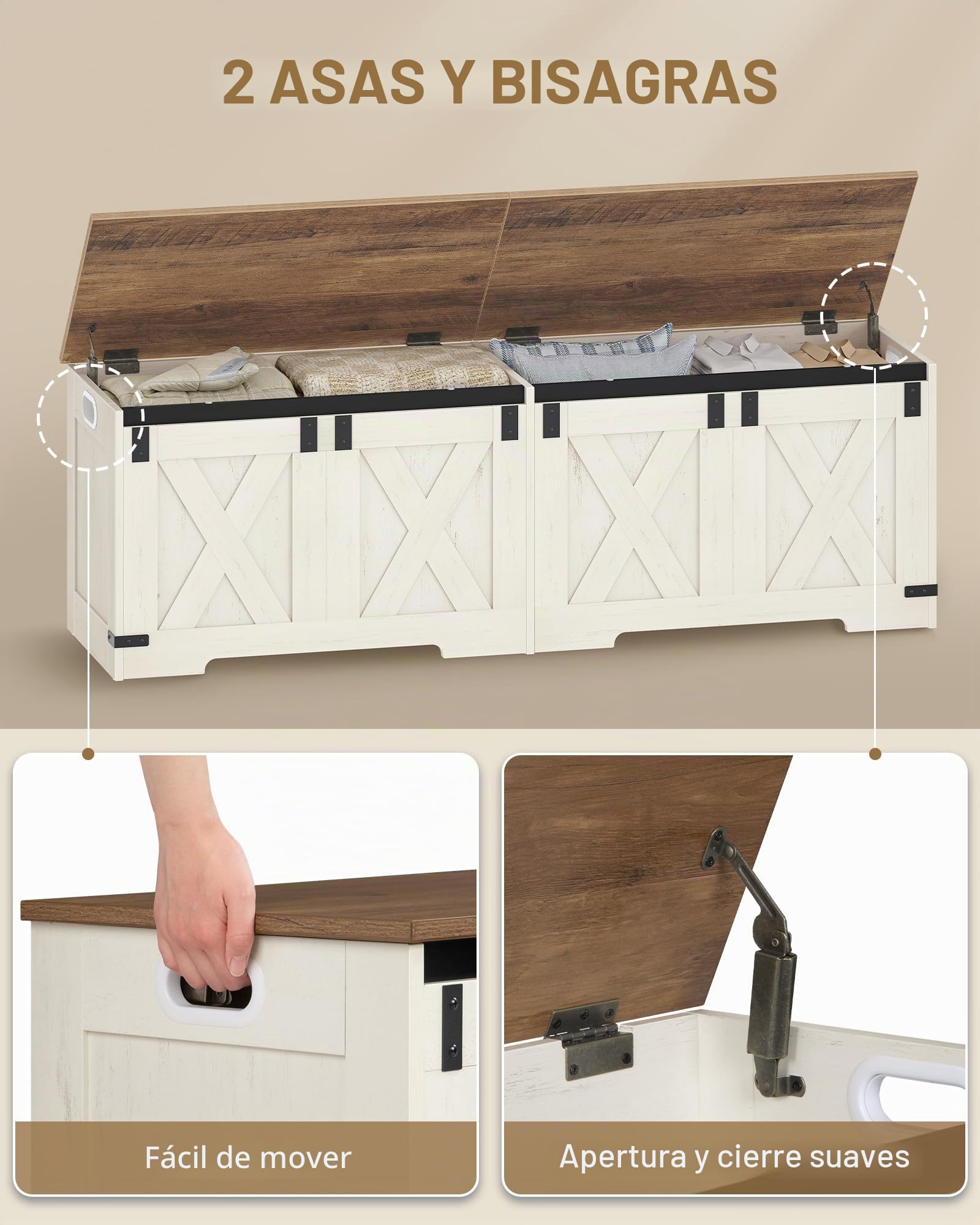 Hzuaneri Banco de Almacenamiento, Banco con Espacio de Almacenamiento, Banco con Bisagras de Seguridad, Mueble de Almacenaje, 40 x 150 x 48,5 cm, para Pasillo, Dormitorio, Salón, Blanco Marrón