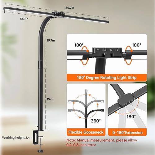 Miniatura 8 de AUSDOM Lámpara LED de escritorio para oficina en casa, luz de trabajo de arquitecto ultra brillante de 24 W con abrazadera y puerto USB, 5 colores y