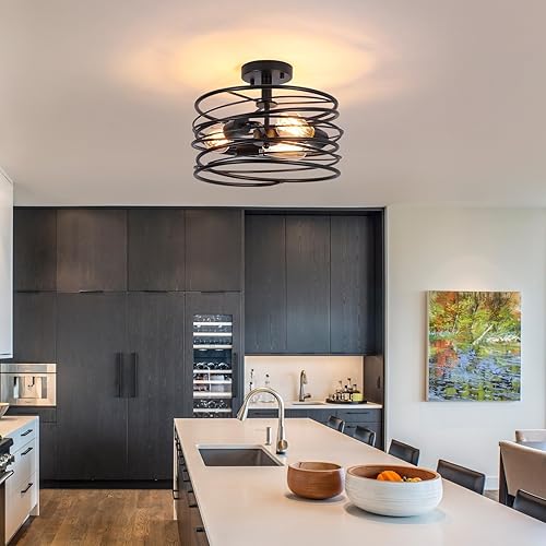 Miniatura 4 de Lámpara de techo semiempotrada de tambor rústico de 3 luces, estilo retro, jaula de metal para comedor, lámpara colgante industrial para entrada,