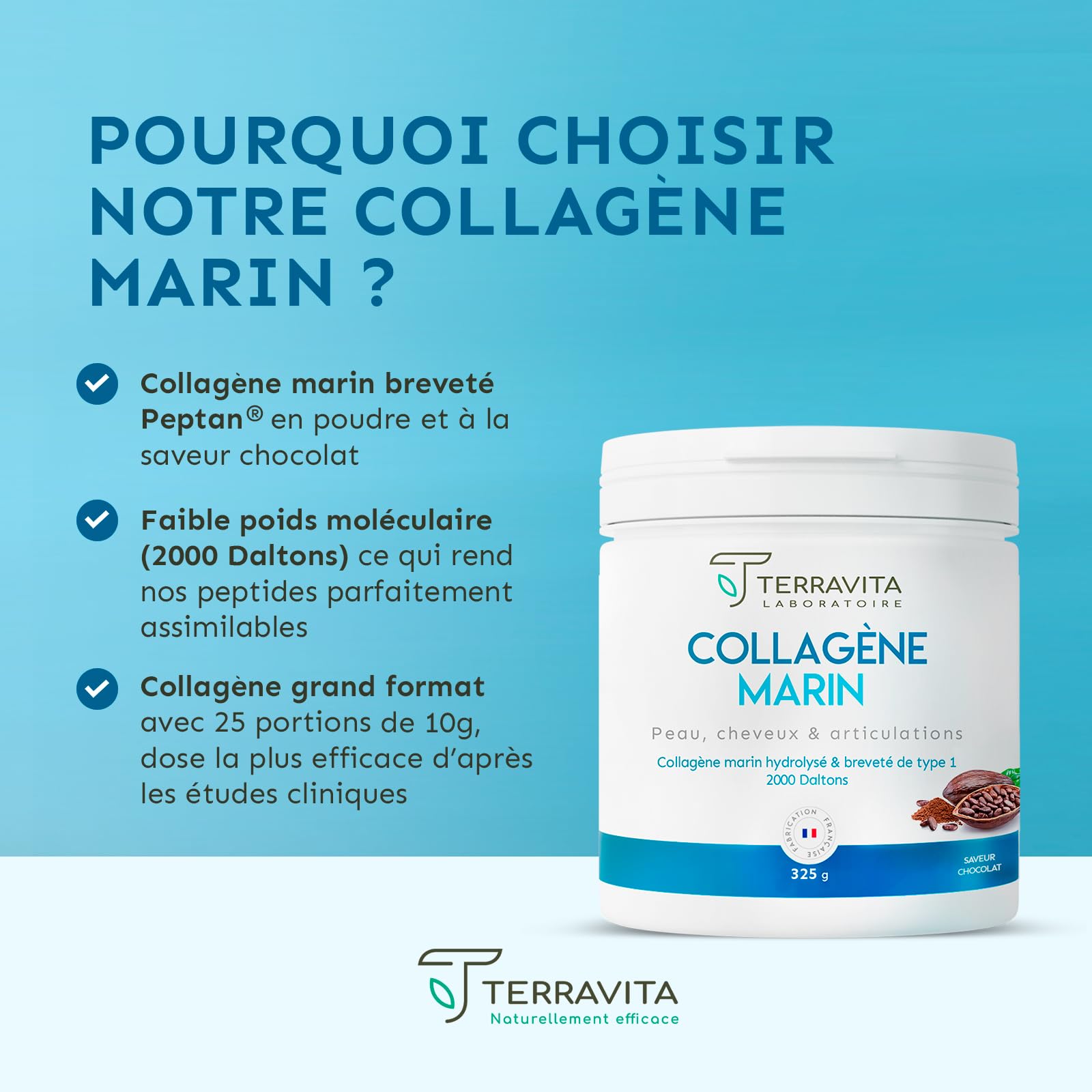 COLLAGÈNE MARIN Breveté en Poudre | 325 Grammes de Peptides de Collagène Purs de Type 1 | Articulations Souples, Peau Lisse et Hydratée | Goût Chocolat | Filière 100% Française | Terravita