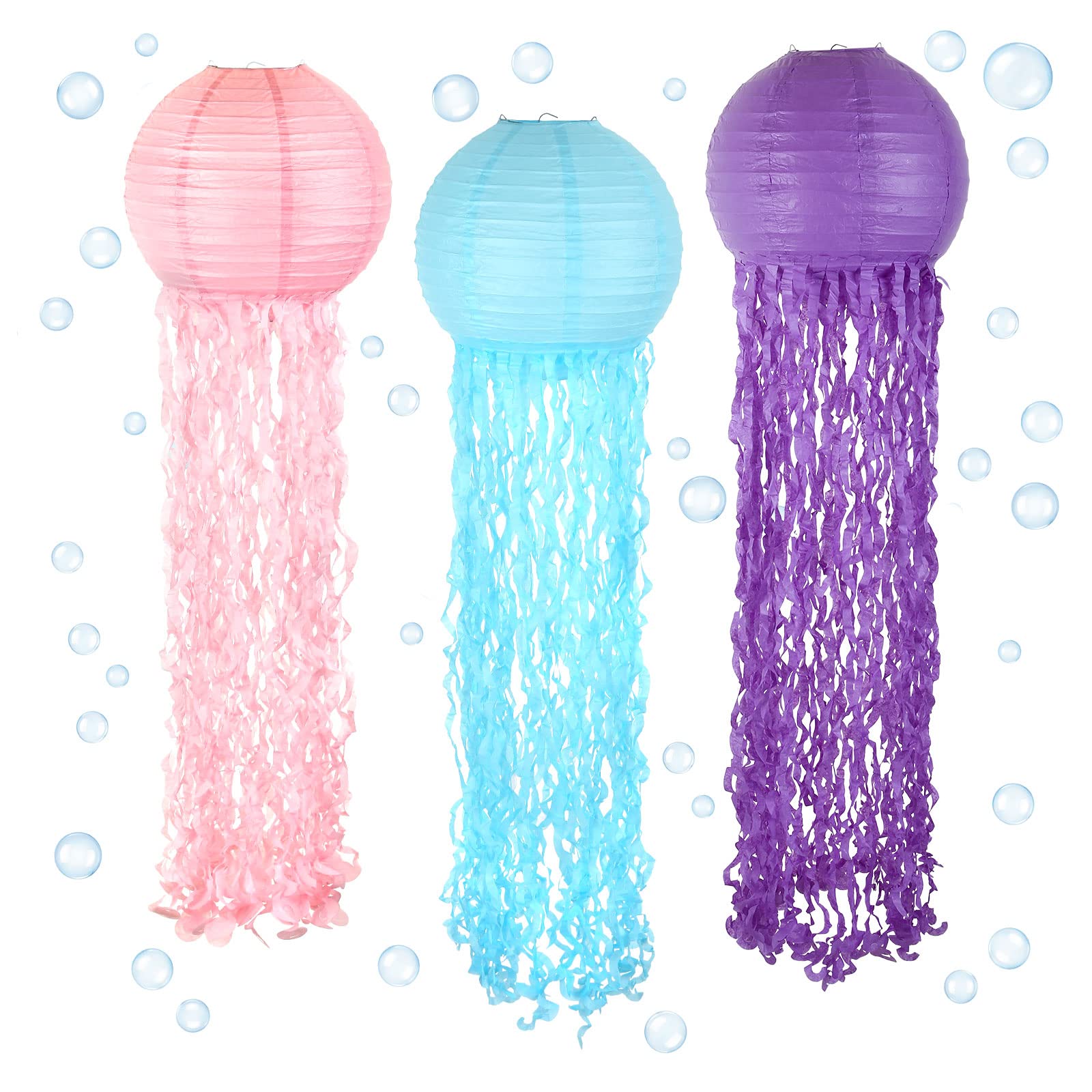 12 Inch Jellyfish Paper Lanterns, Mermaid Wishes Hanging Paper Lanterns in Blue/Purple/Pink, 3pcs Ocean Themed Decors for Baby Shower Birthday Party