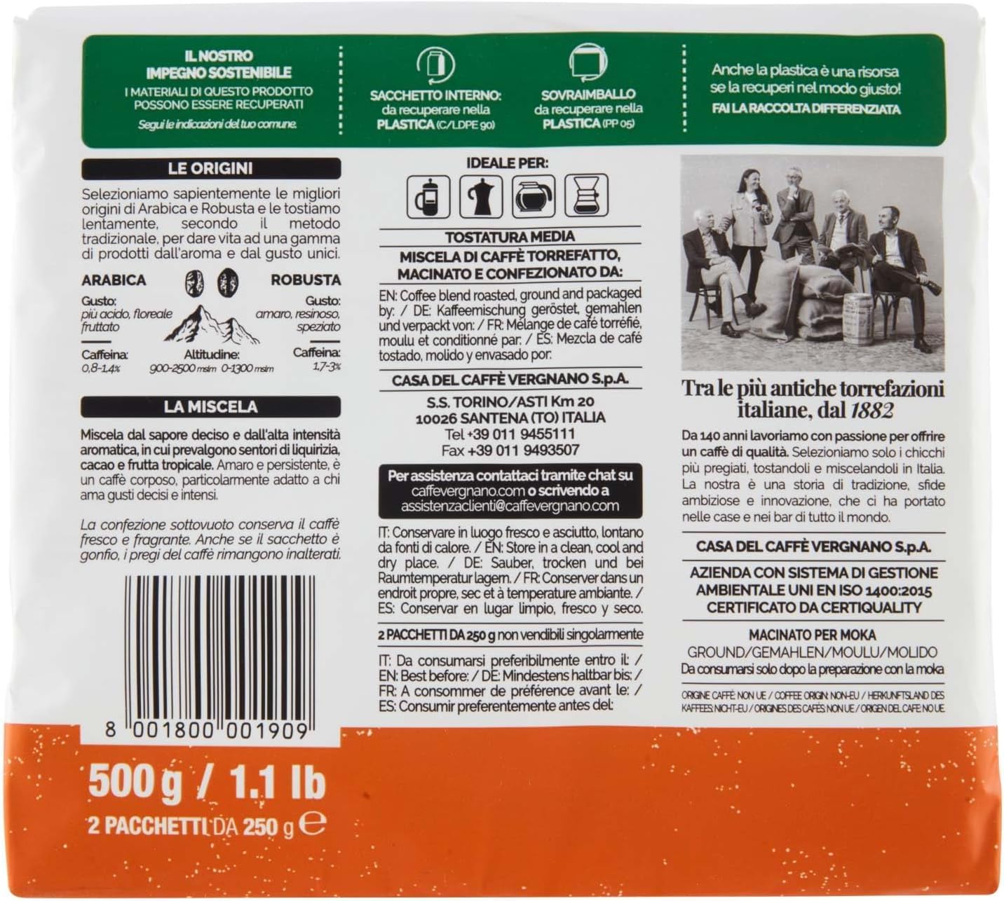 Caffè Vergnano 1882 Aromadicasa - Café molido Moka 8 x 250 g | Miscela Forte | Intensidad 9/10 | Tostado lento | Sabor decidido y persistente | Made in Italy + Italian Gourmet Polpa 400g