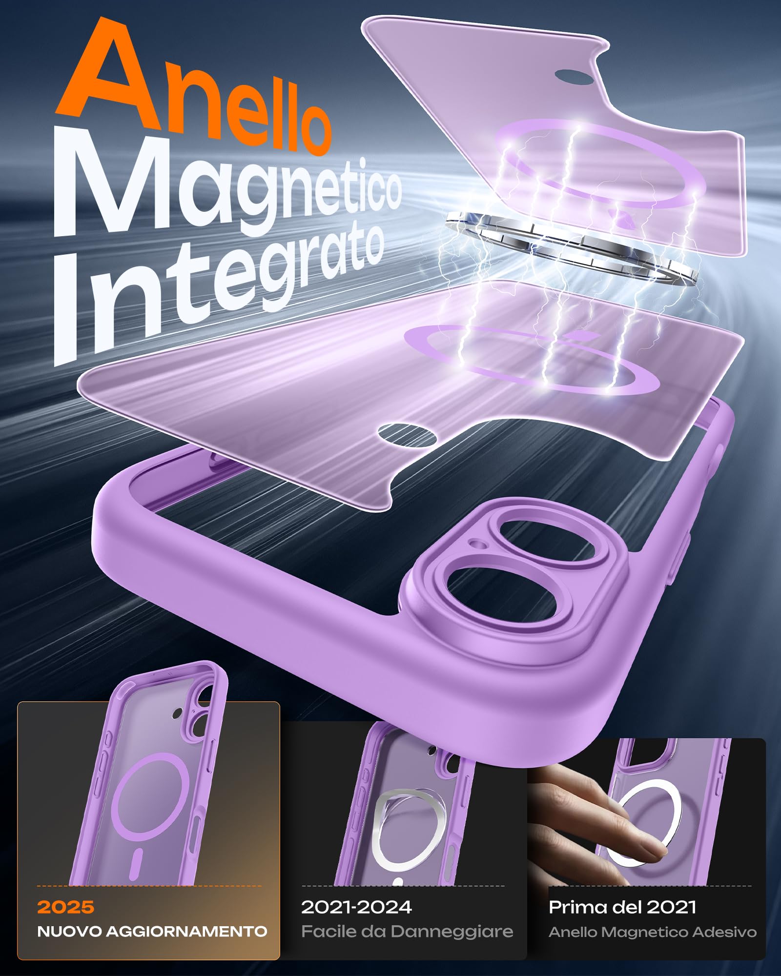 TOCOL Cover Magnetica per iPhone 17 6,3 Pollic, Compatibile con MagSafe, Anello Magnetico Incorporato, Protezione Fotocamera Integrata, Custodia Antiurto Traslucida Opaca, Viola Chiaro