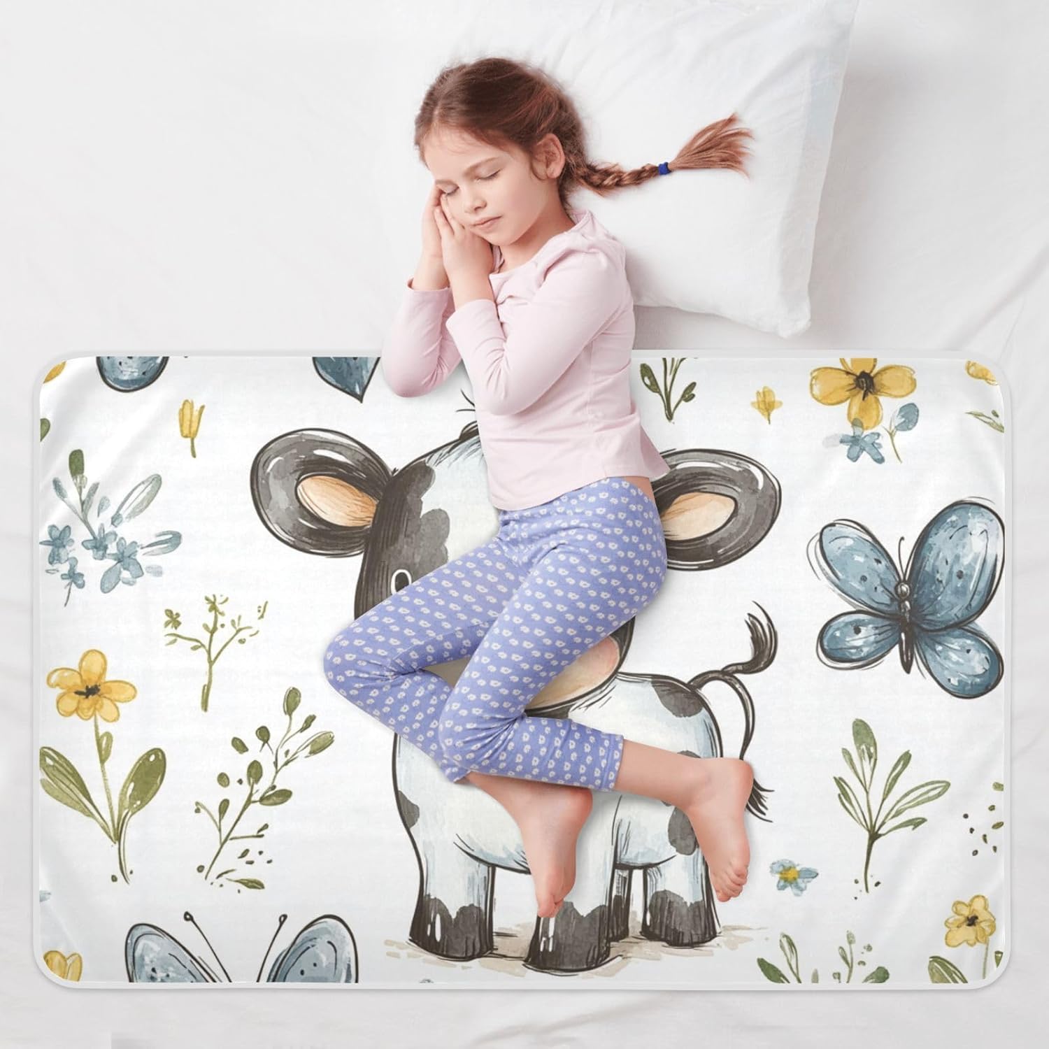 Cartoon Cute Cow White Extra Large Resuable Toddler Mattress Pads Water Resistant Baby Diaper Changing Pad Breathable Bed Liners for Children Adults Pets, 52" L x 34" W