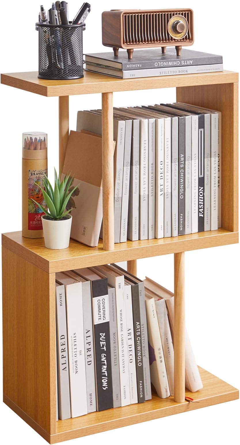 3-Tiered S-Shaped Side Table for Small Spaces, Freestanding Side Table, Sofa End Table, Narrow End Table, Suitable for Bedrooms Living Rooms Study Room, Natural Wood Color YD-ST003N