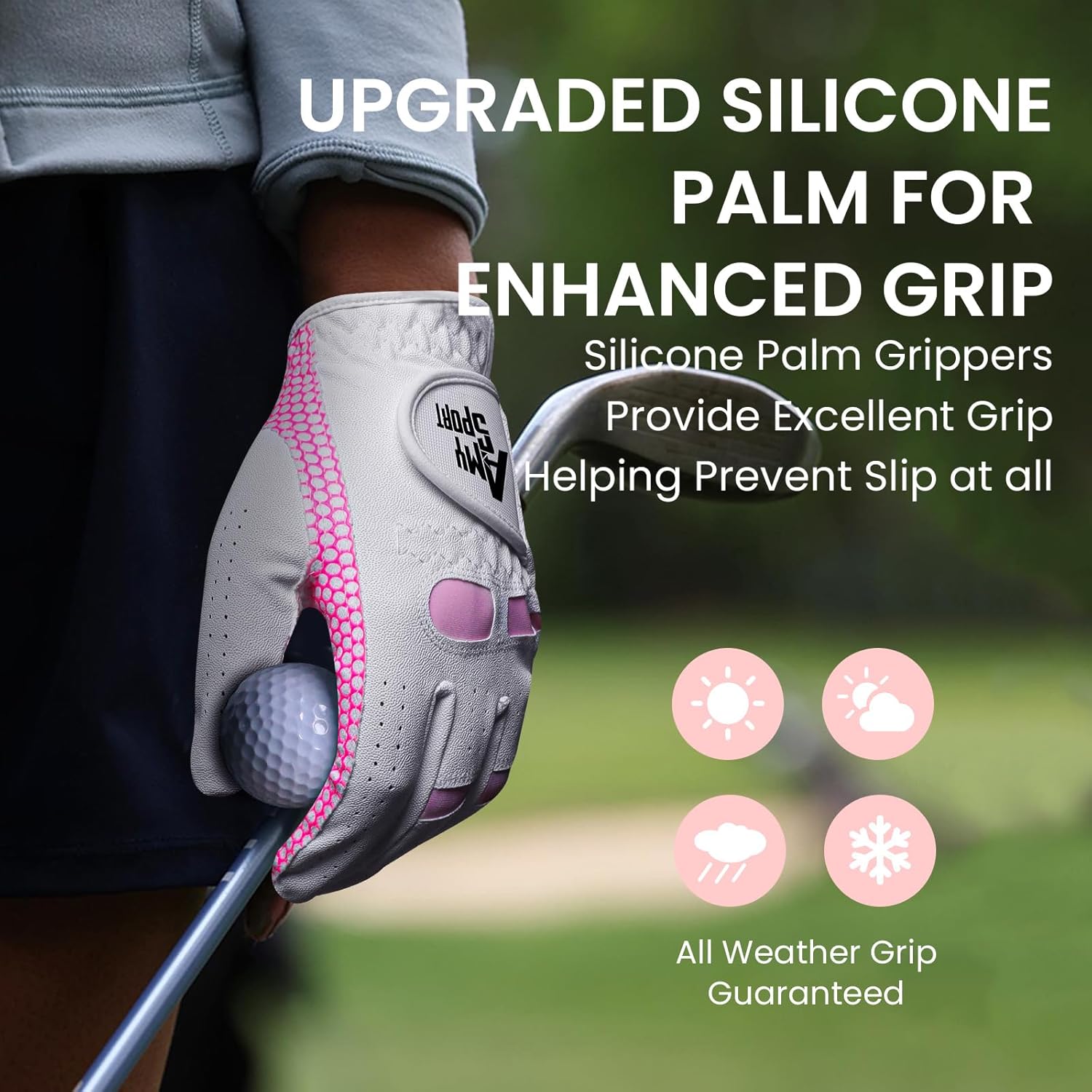 Amy Sport Golf Gloves Women Left Hand Right All Weather Rain Grip Value 2 Pack, Ladies Soft Pink Glove Lh Rh Both Hand Fit Size Small Medium Large XL - Image 4