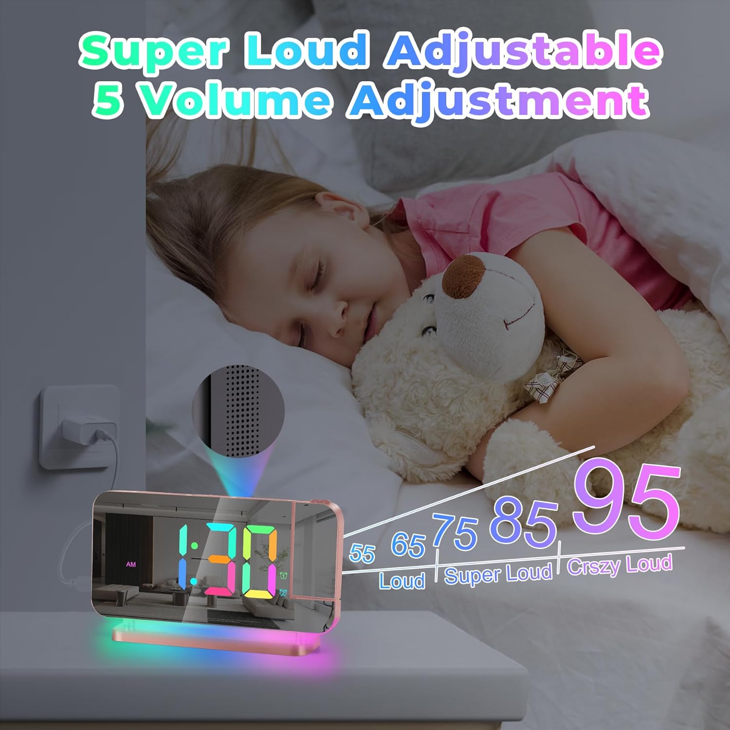 Poeroa Projector Clock,7.4 in Digital Alarm Clocks Projection on Ceiling Wall,with RGB Night Light,USB C Charging Port,Auto Dimming,LED Mirror Clock for Teen Girl Adults Bedroom Decor - Rose Gold