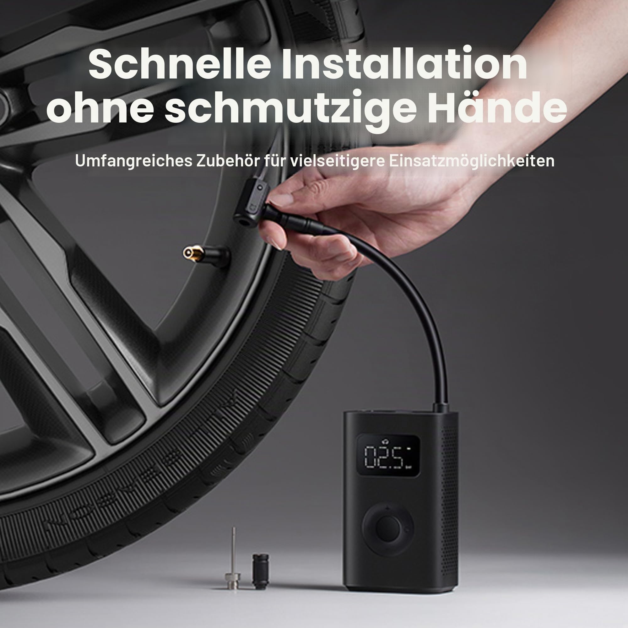Xiaomi Tragbarer elektrischer Luftkompressor, 150 PSI Reifenfüller für Auto, Roller, Fahrradreifen und Bälle, kabellos mit digitaler Druckerkennung, Anthrazit-Schwarz