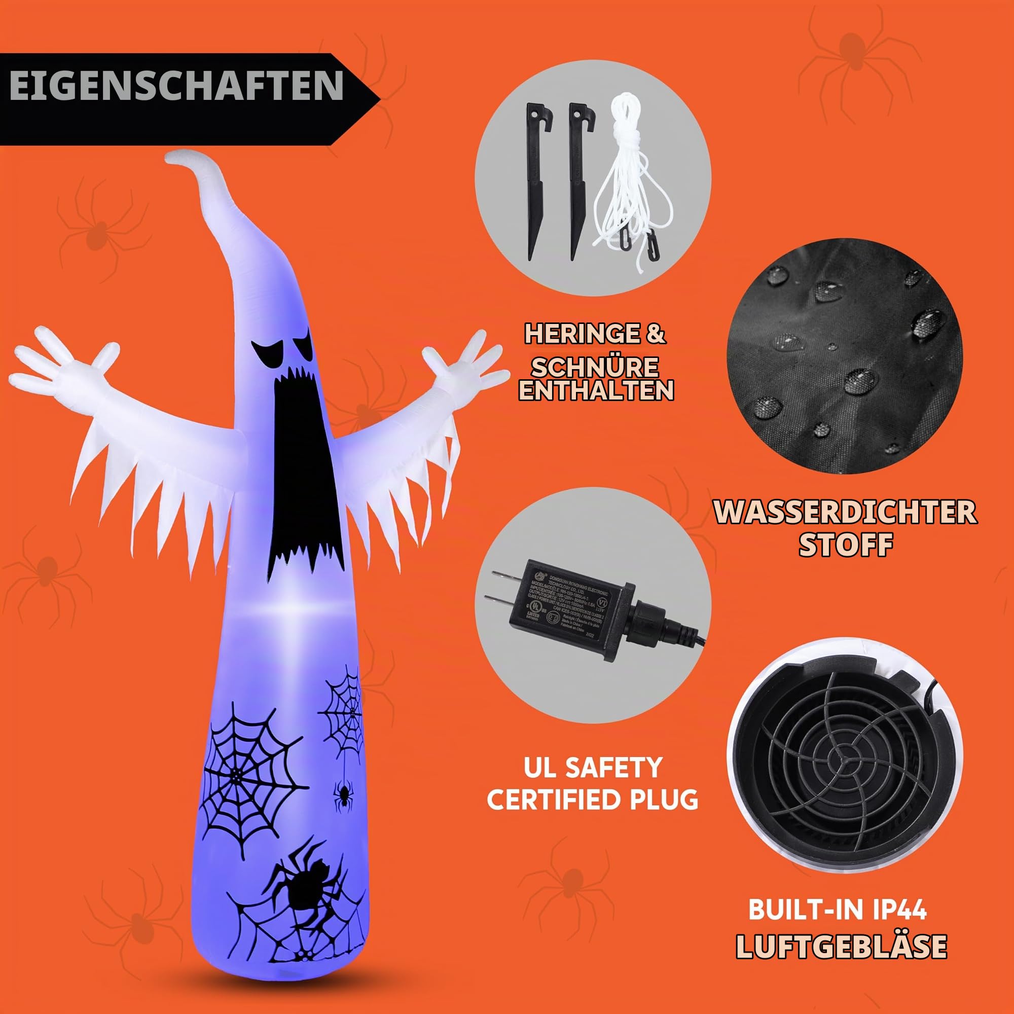 Joiedomi 12 Fuß aufblasbarer Halloween-Geist, riesige Außendekoration, aufblasbarer Halloween-Geist, Gartendekoration mit 3-farbigem blinkendem Flammenlicht für gruselige Rasenparty-Dekoration