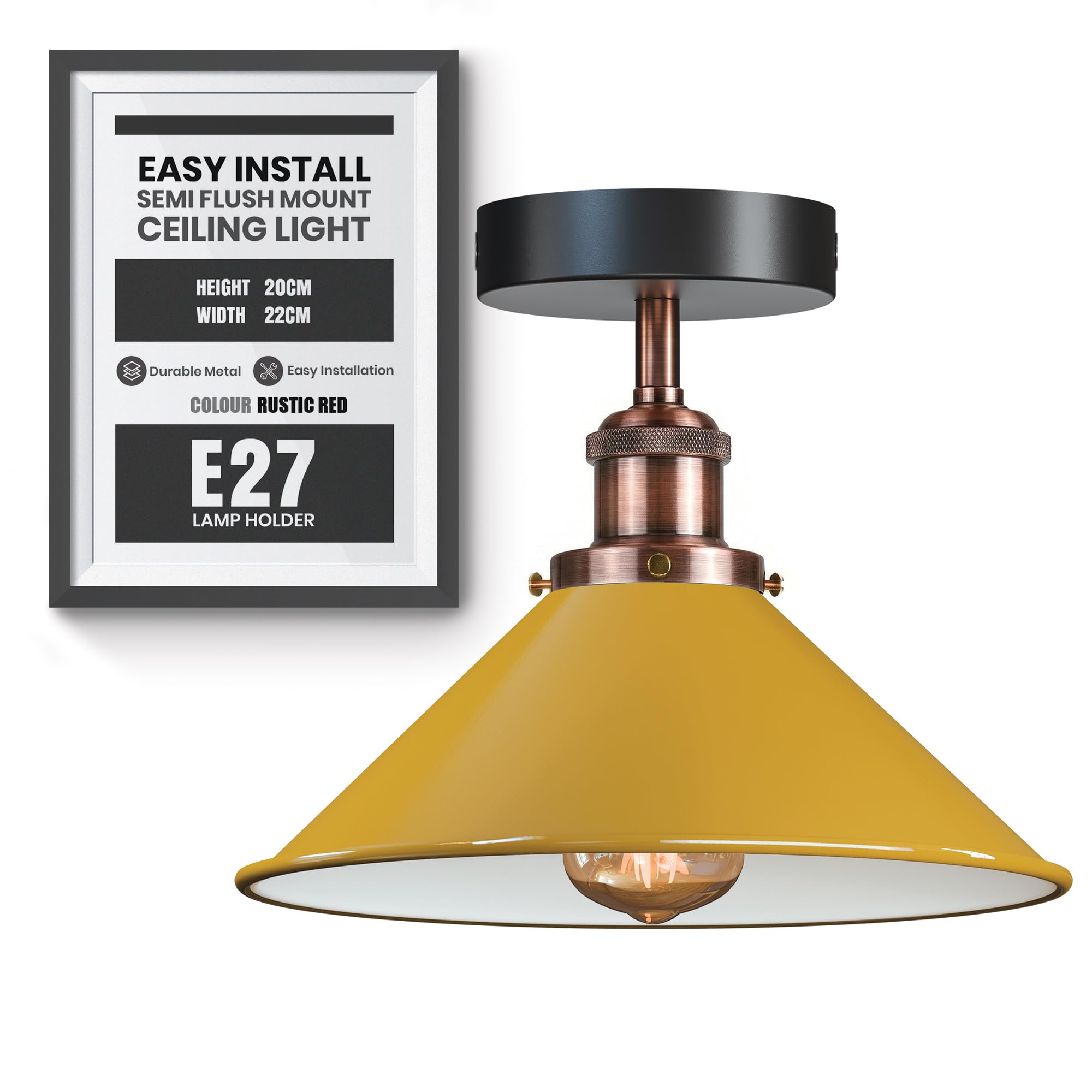 Dc Voltage Yellow 2 22Cm Industrial Metal Semi Flush Mount Ceiling Light E27 Base 22Cm Cone Yellow Lampshade Vintage Ceiling Lighting Fixture For Kitchen Bar Café Restaurant Hallway Industrial Decor With Bulb