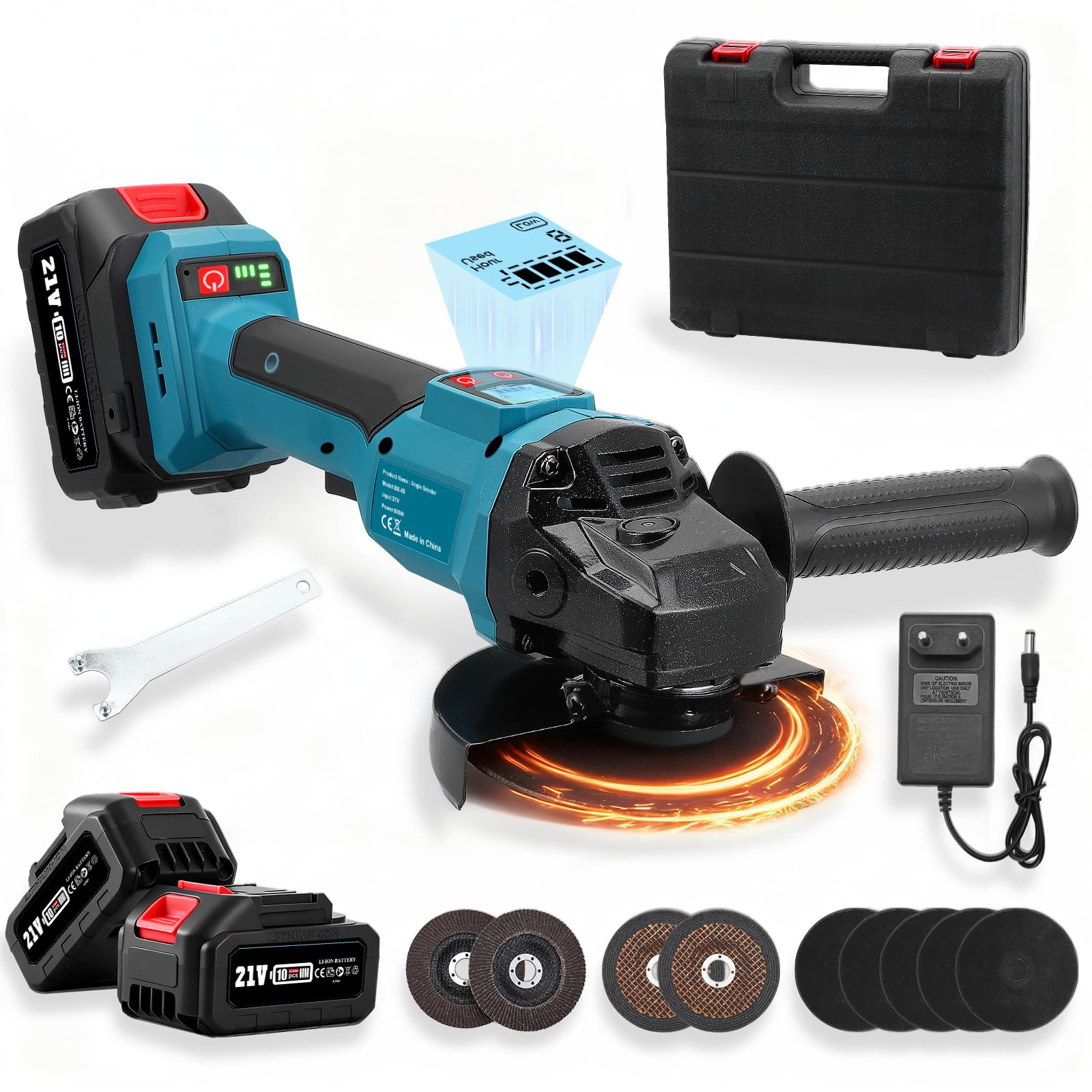 800W 21V Brushless Cordless Angle Grinder with 2 x 4.0Ah Batteries, Disc Diameter 125mm, 9000rpm, for Cutting Discs, Sanding Sheet Discs