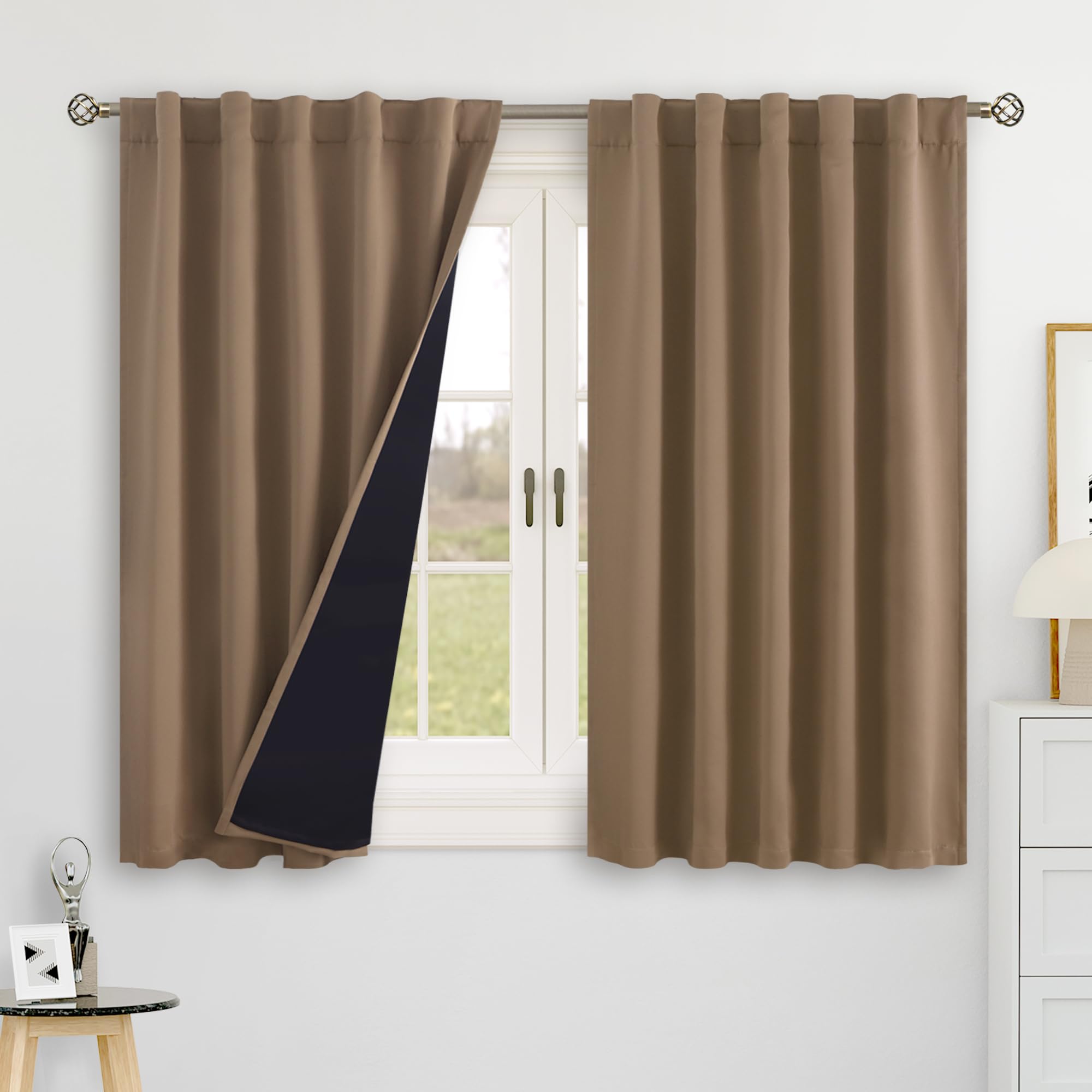 BGment Taupe 100% Blackout 48 Inch Curtains for Small Window, Rod Pocket and Back Tab Double Layer Black Out Thermal Insulated Room Darkening Curtain