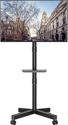BONTEC Soporte de TV móvil con inclinación, carrito de TV rodante con estante multimedia y ruedas, se adapta a televisores LED de 23 a 60 pulgadas,