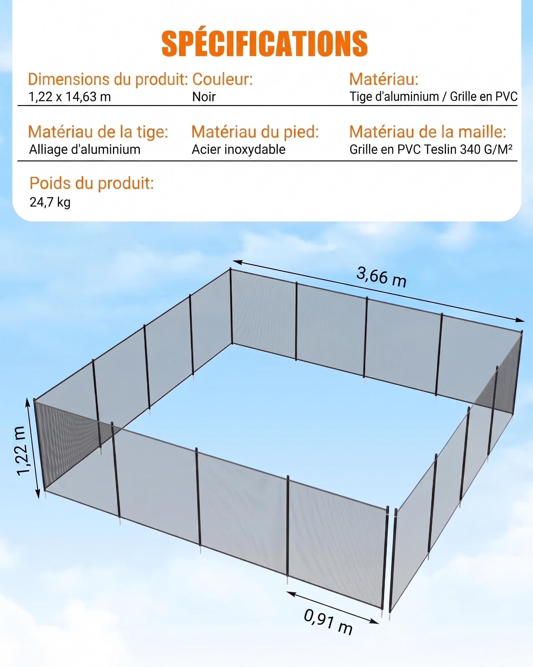 Garvee Barrière de sécurité piscine extérieure – Maille PVC résistante – Installation sans perçage – Protège enfants & animaux – Amovible – Pour piscines enterrées/hors-sol – Pieds antidérapants