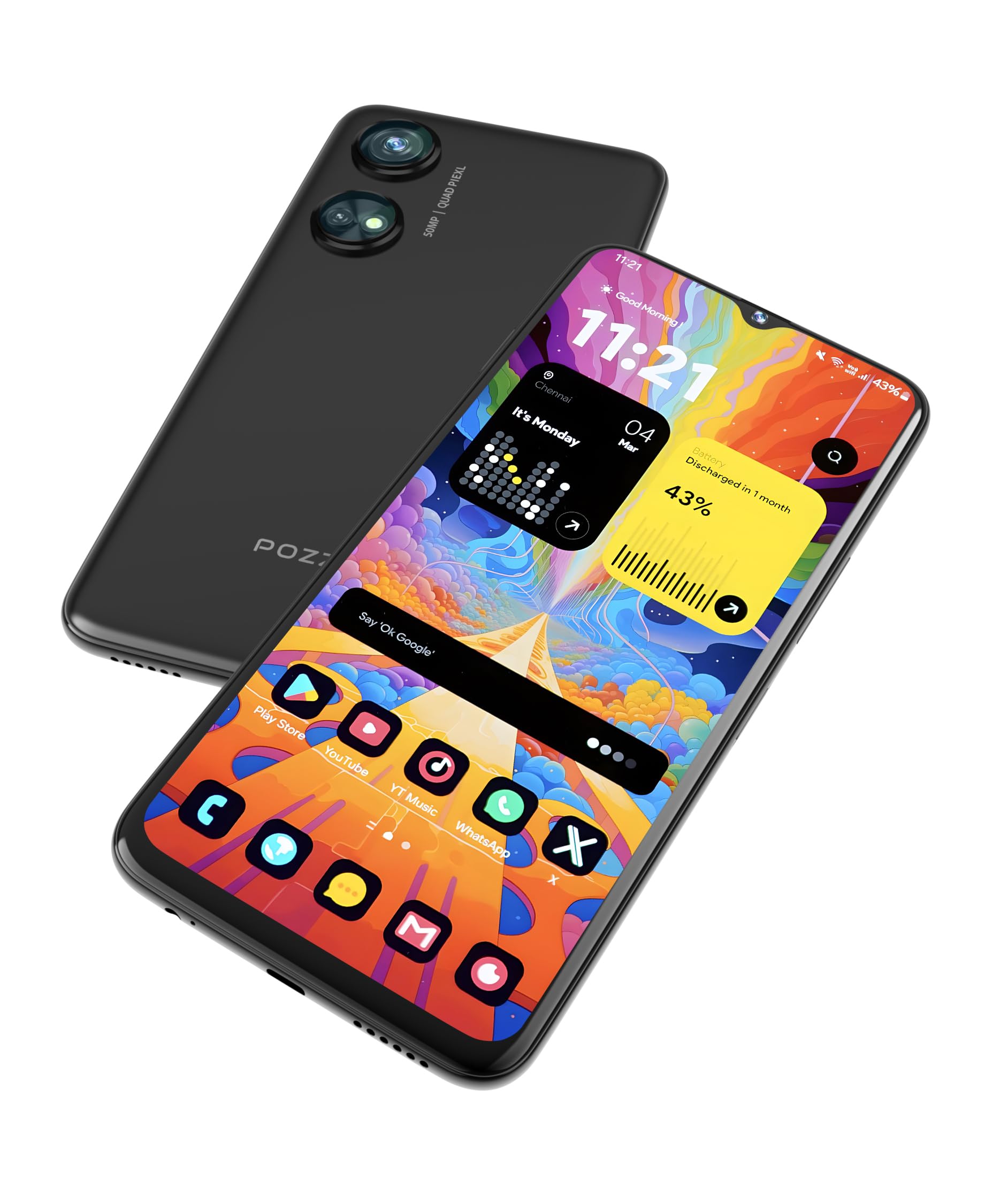 POZZI Turbo 6.79” HD+ Display | 128GB + 6GB RAM | 4G LTE Unlocked Smartphone | Android 14 | Octa Core Processor | 50MP Camera | 5,000 mAh Battery | Dual Nano SIM | Black | Compatible with T-Mobile