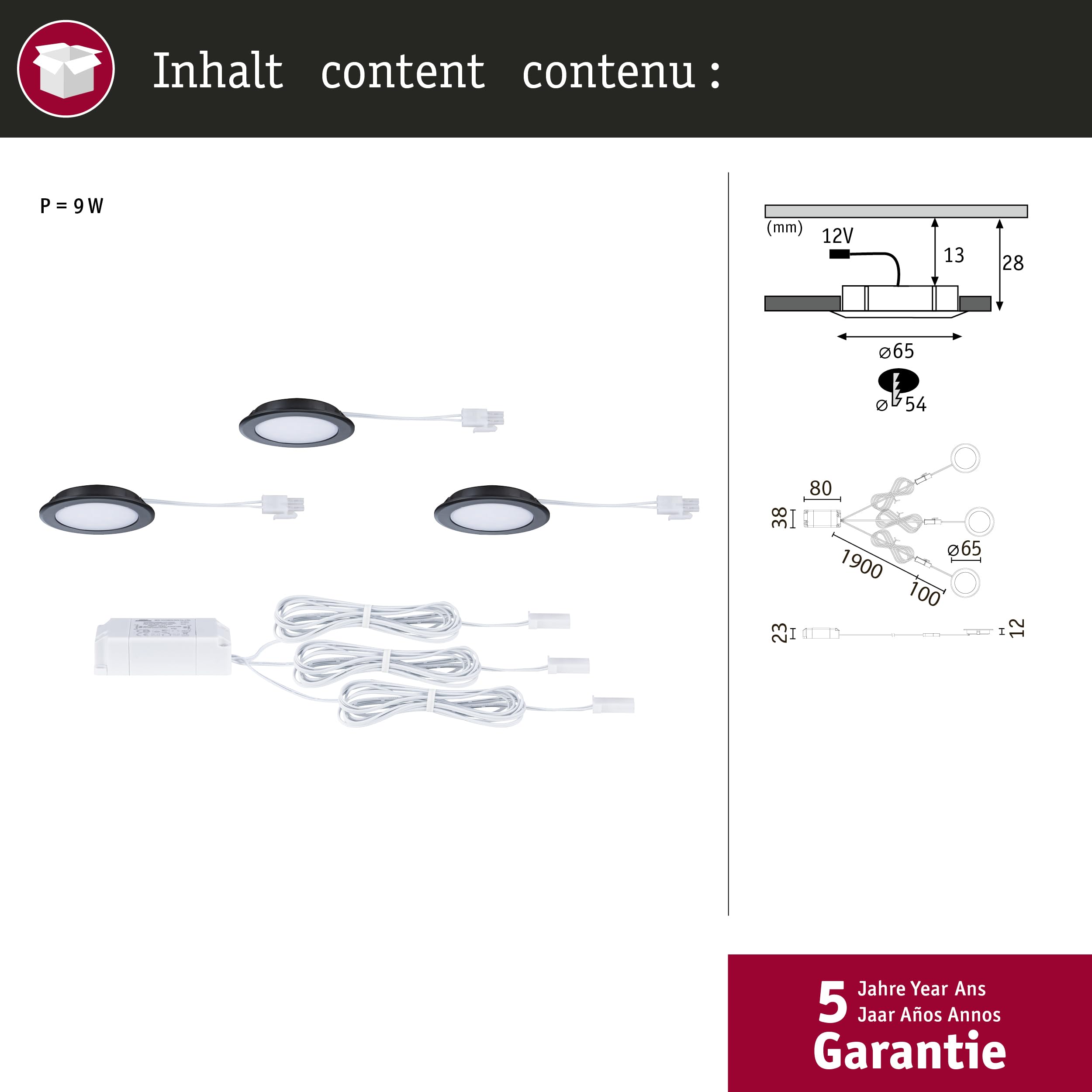 Paulmann Encastrés meubles LED kit 3 65 mm 3x2,5W 3x180lm 230/12V 3000 K Noir mat