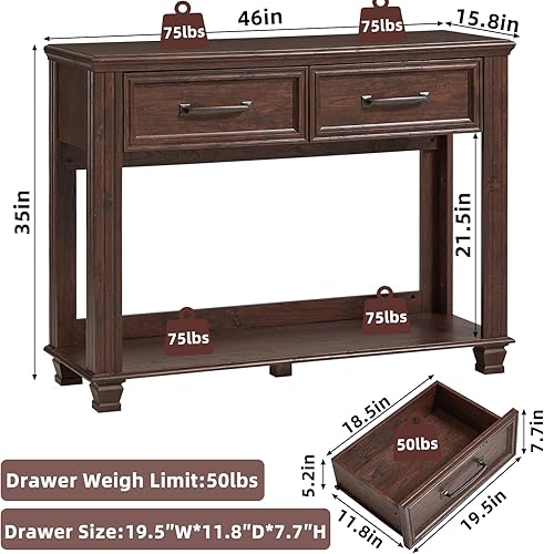 Miniatura 2 de Mesa consola de granja de 46 pulgadas con 2 cajones, mesa de entrada de madera rústica de 2 niveles con estante de almacenamiento abierto para