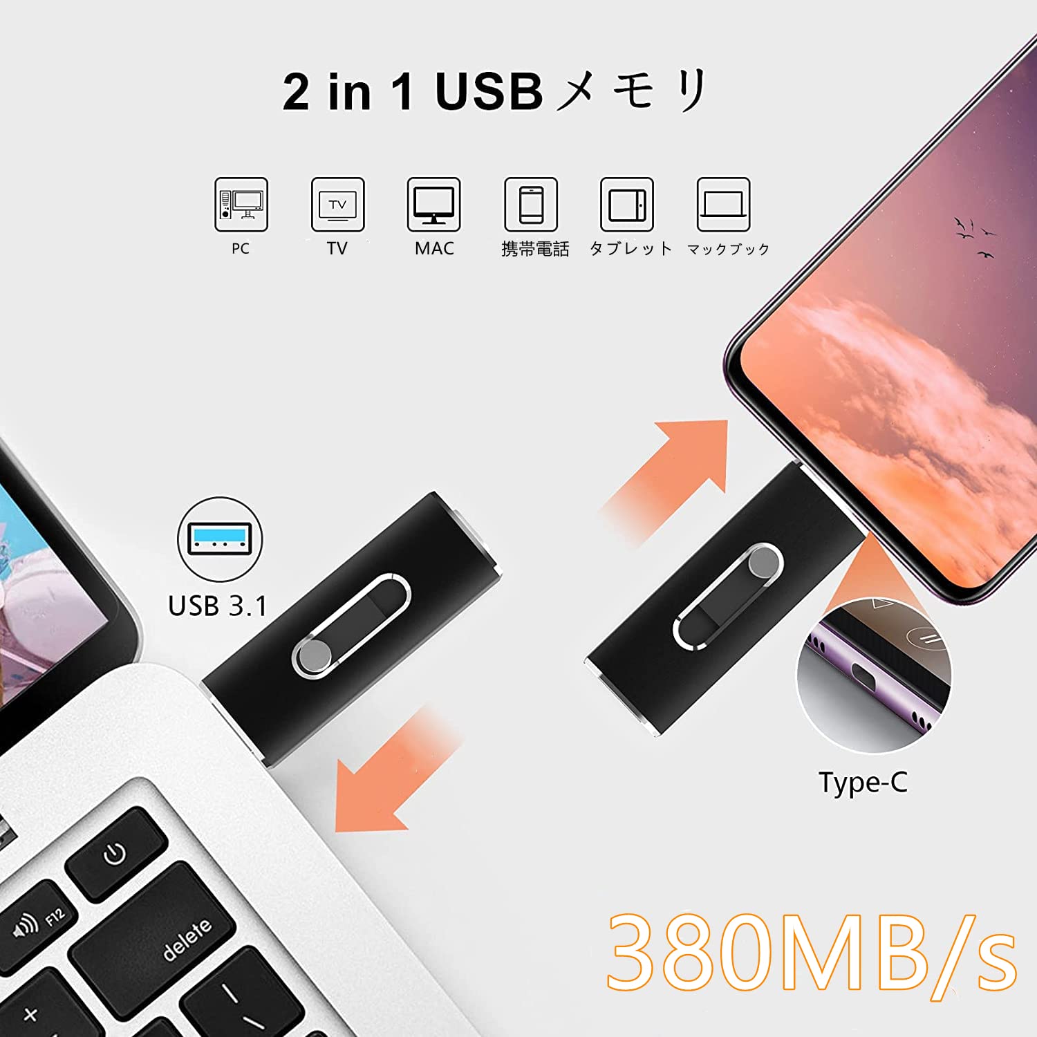 Amazon.co.jp: USBメモリ256GB USB 3.1 2in1 Type-C 超高速 フラッシュ